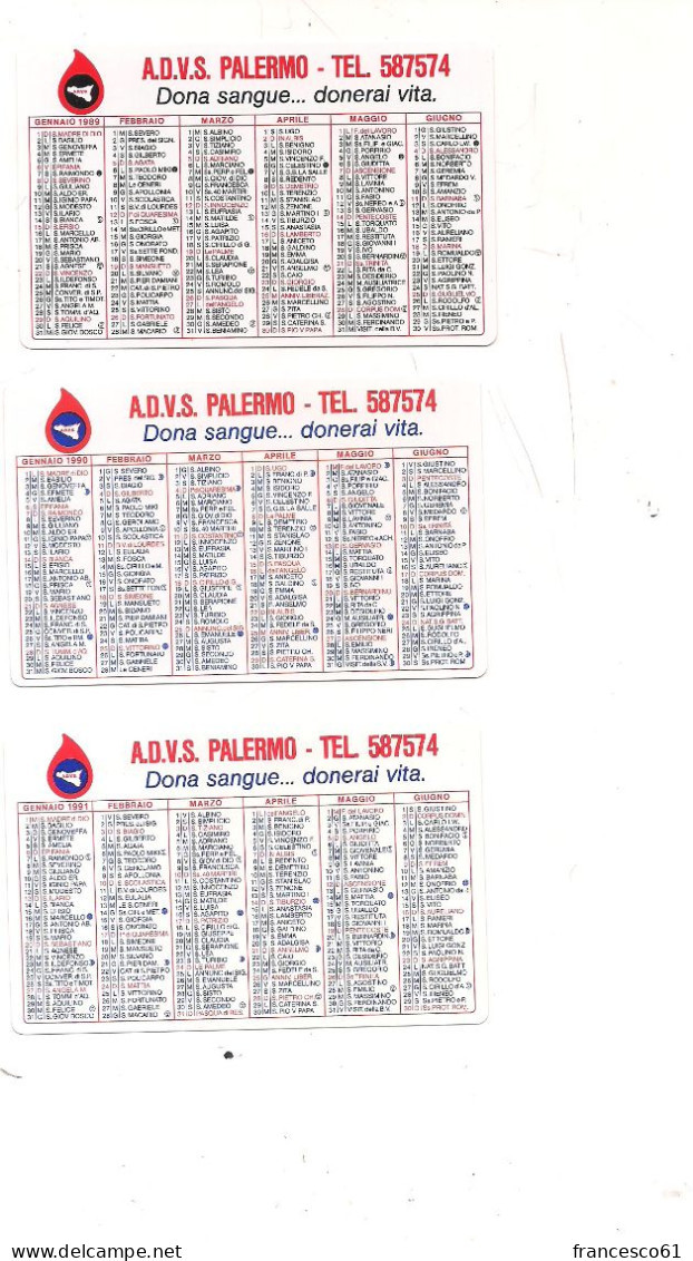 P124 Calendarietto Semestrino Plastificato 1989-90-91 ADVIS DONATORI SANGUE PALERMO - Petit Format : 1981-90