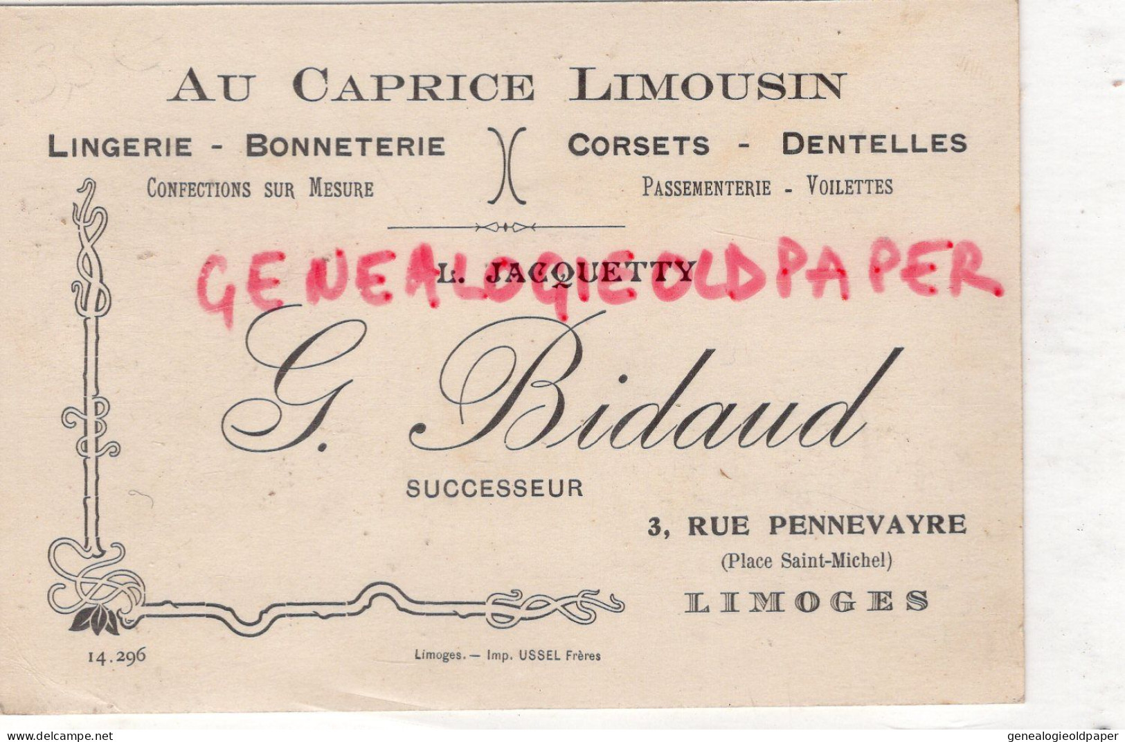 87- LIMOGES -MAGASIN AU CAPRICE LIMOUSIN-LINGERIE BONNETERIE DENTELLES- L. JACQUETTY- G. BIDAUD-3 RUE PENNEVAYRE 1916 - Textile & Clothing