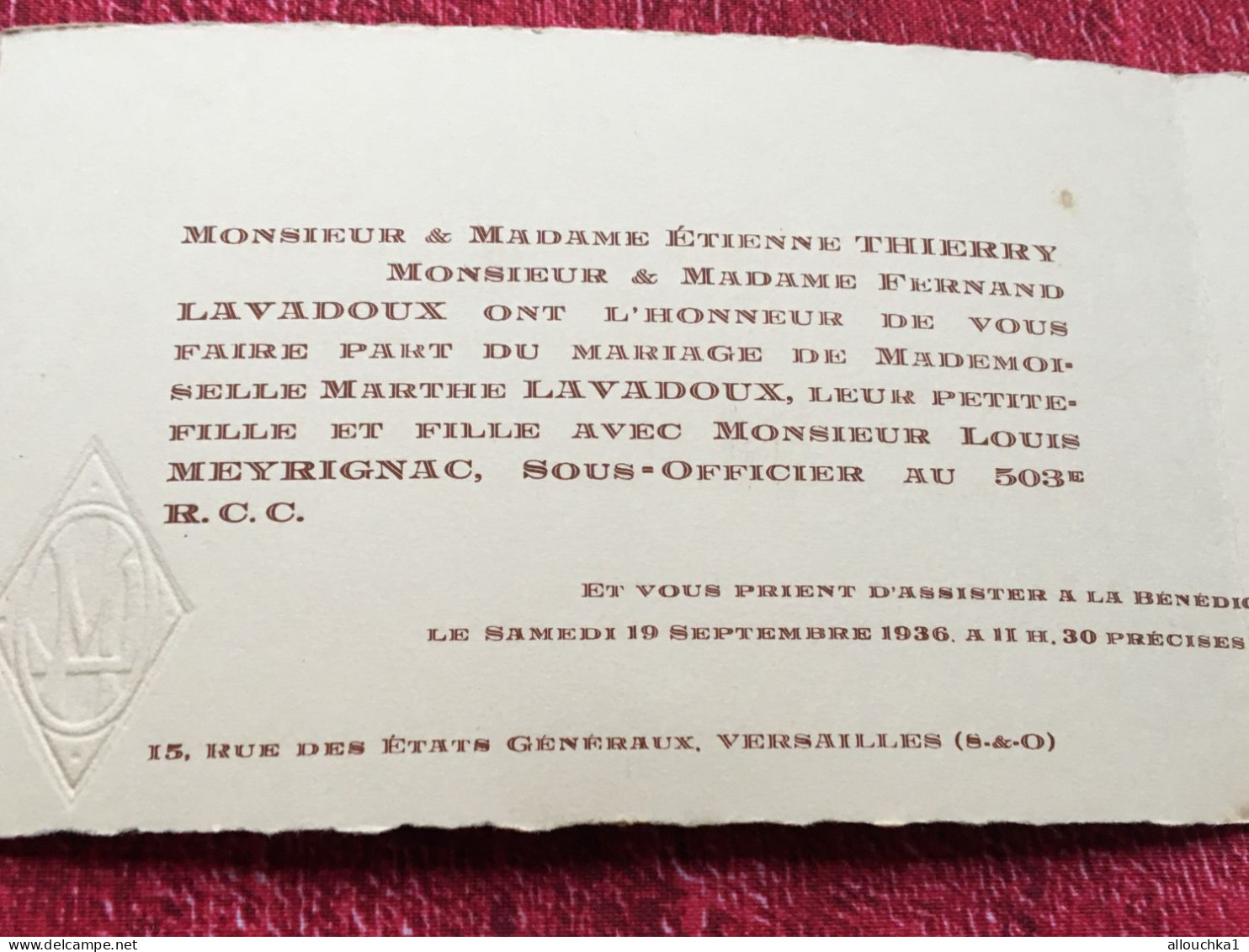 1936-Versailles R Des états Généraux Faire Part De Mariage Bénédiction Nuptiale-Lavadoux/Meyrignac-Carte De Visite Luxe - Naissance & Baptême