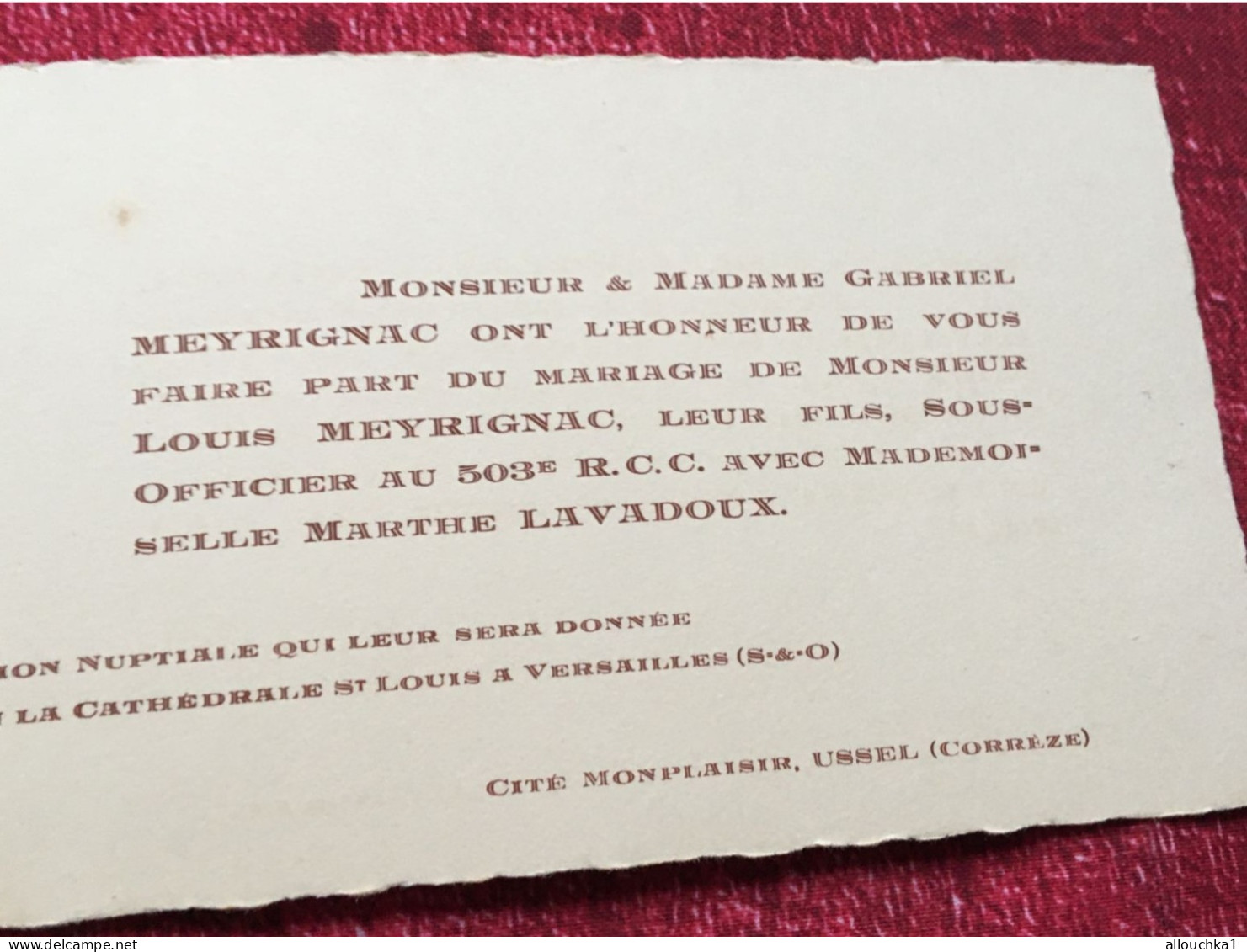 1936-Versailles R Des états Généraux Faire Part De Mariage Bénédiction Nuptiale-Lavadoux/Meyrignac-Carte De Visite Luxe - Geboorte & Doop