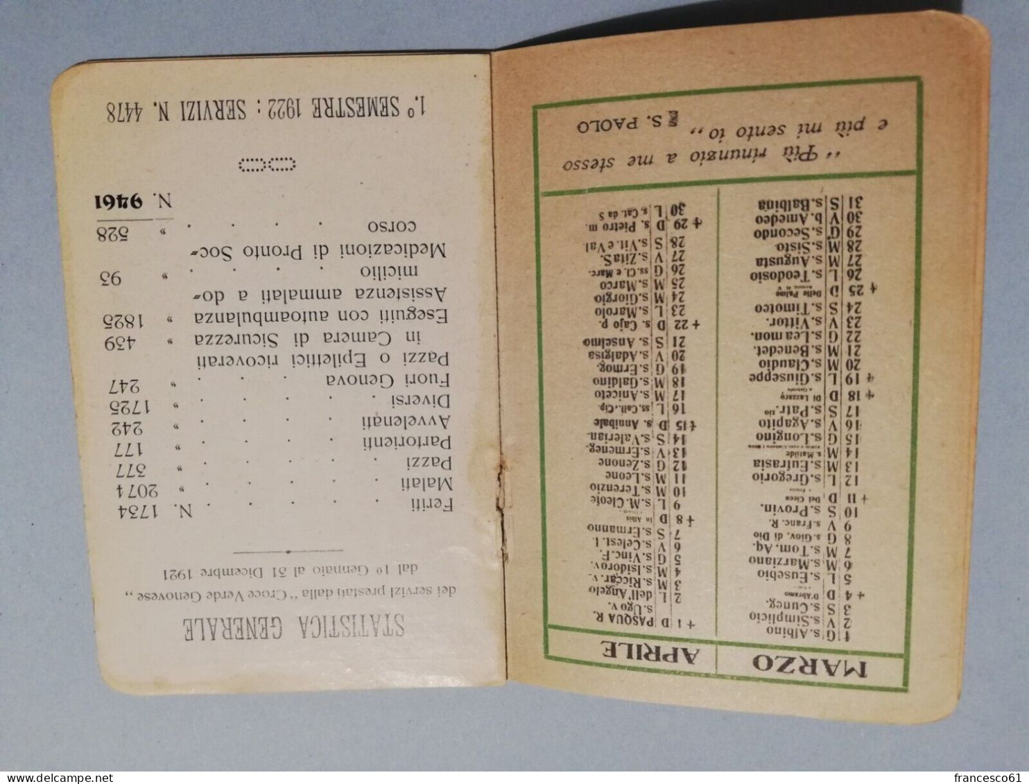 P144 Calendarietto 1923 Croce Verde Genovese - Tamaño Pequeño : 1901-20