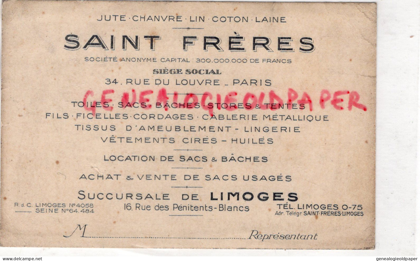 87- LIMOGES -PARIS -MAGASIN ST SAINT FRERES-JUTE CHANVRE LIN COTON -16 RUE PENITENTS BLANCS-34 RUE DU LOUVRE - Textile & Vestimentaire