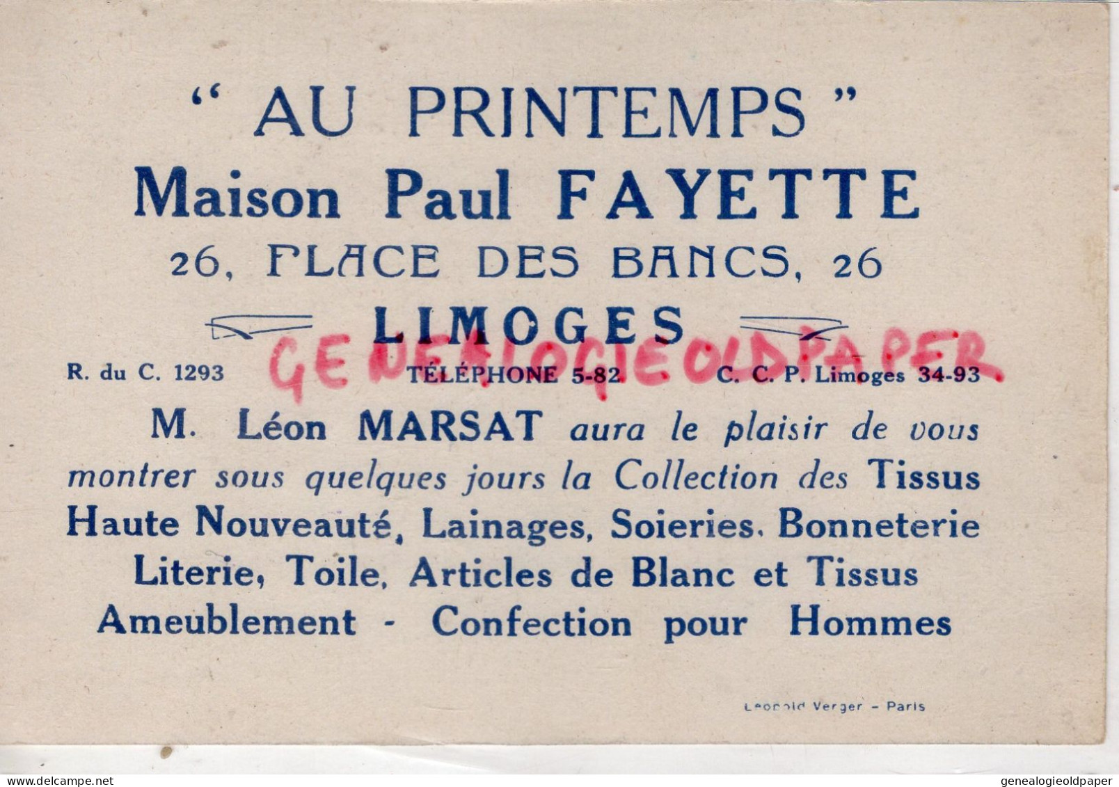 87- LIMOGES -MAGASIN VETEMENTS AU PRINTEMPS- PAUL FAYETTE-26 PLACE DES BANCS- LEON MARSAT - Kleding & Textiel