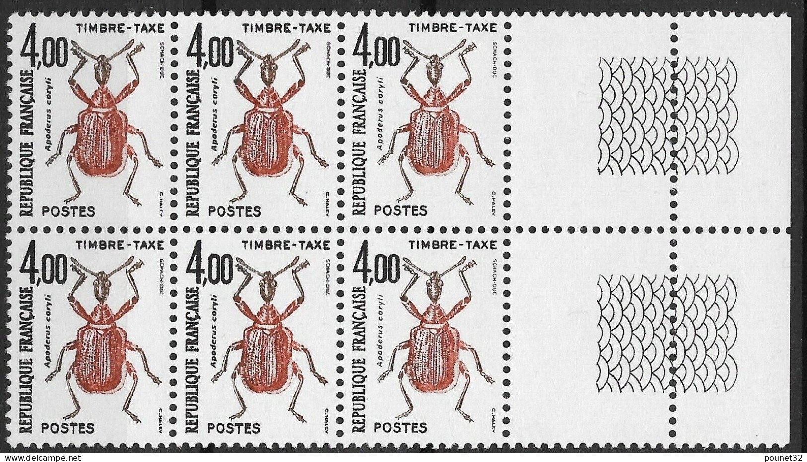 FRANCE TAXE N° 108a VARIETE DOUBLE FRAPPE SUR 4 EXEMPLAIRES DANS BLOC DE 6 NEUFS ** GOMME SANS CHARNIERE - COTE 100 € - 1960-.... Nuevos