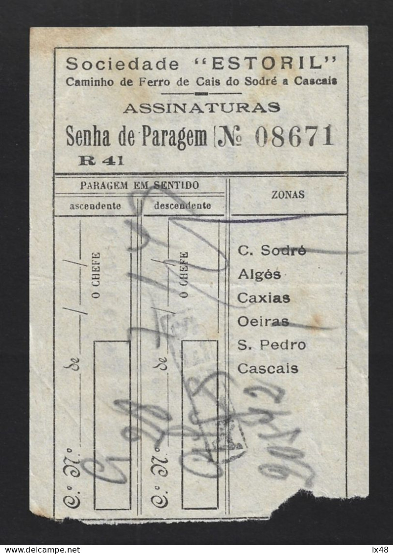 Train Ticket. Estoril Railway Society From Cais Do Sodré, Lisbon To Oeiras 1949. Fahrkarte. Estoril Railway Society Von - Wereld