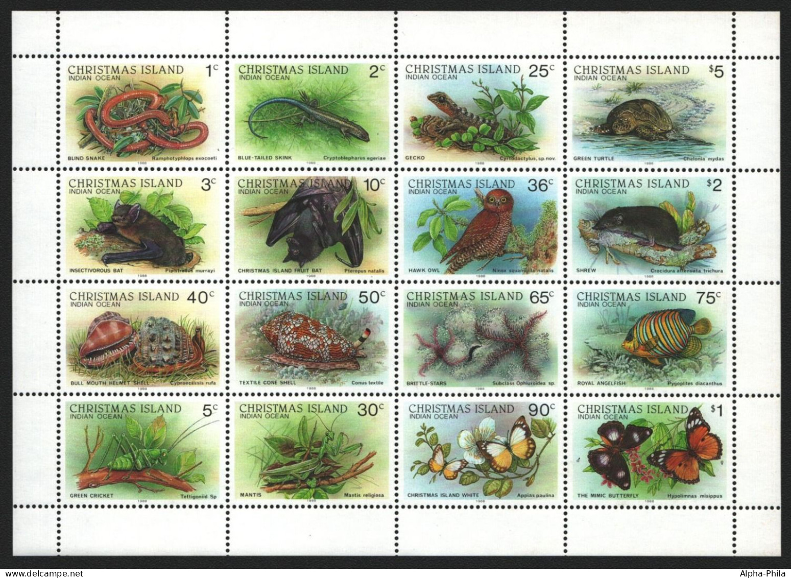 Weihnachtsinsel 1988 - Mi-Nr. 233-248 II ** - MNH - ZDR-Bogen - Fauna (II) - Christmas Island