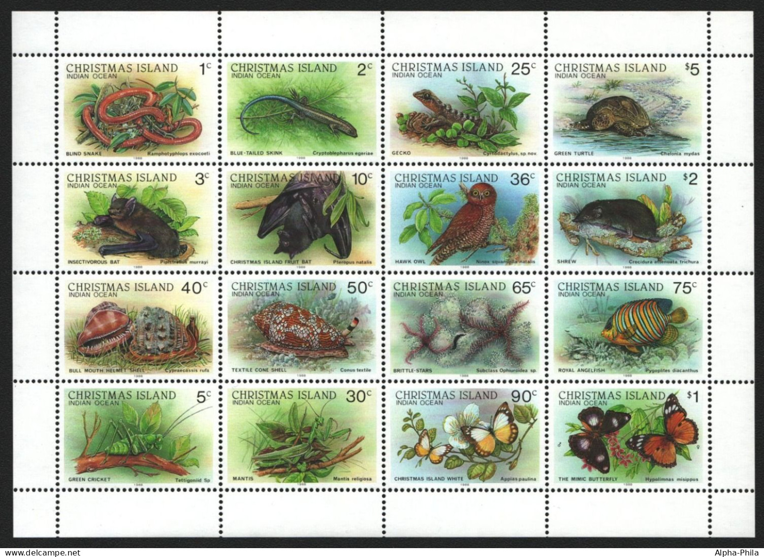Weihnachtsinsel 1988 - Mi-Nr. 233-248 II ** - MNH - ZDR-Bogen - Fauna (III) - Christmas Island