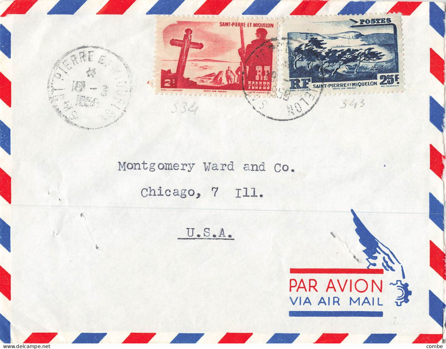 LETTRE. ST PIERRE ET MIQUELON. 10 3 58. PAR AVION. 27Fr. POUR CHICAGO USA - Cartas & Documentos