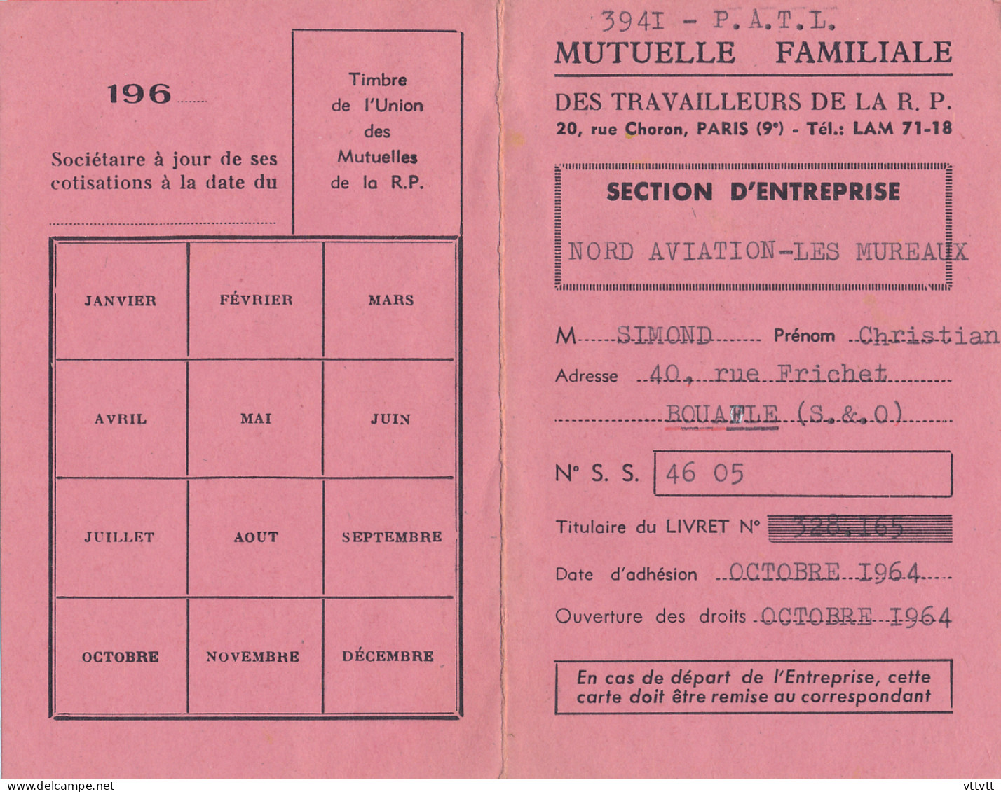 Mutuelle Familiale, Nord-Aviation, Usine Des Mureaux (1964) : Carte D'adhérent Avec Timbres, M. Simon, Bouafle - Collections