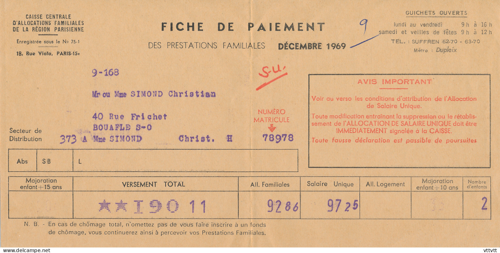 Fiche De Paiement Des Prestations Familiales (1969), M. Simon, Bouafle, Caisse Centrale D'allocations Familiales - Collections