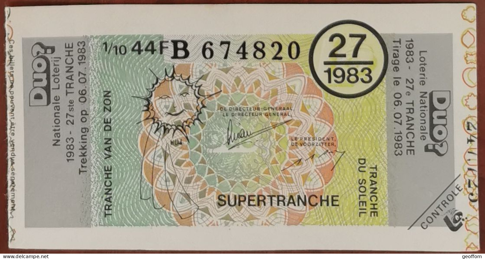 Billet De Loterie Nationale 1983 27e Tr SuperTranche Du Soleil - 6-7-1983 - Billetes De Lotería