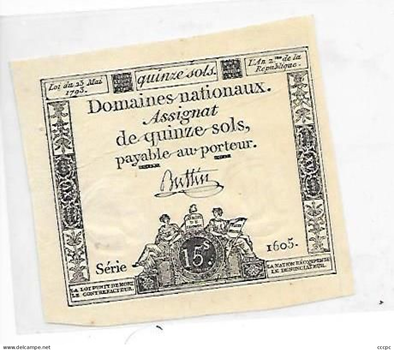 Assignat De 1793 Quinze Sols Payable Au Porteur - Unclassified