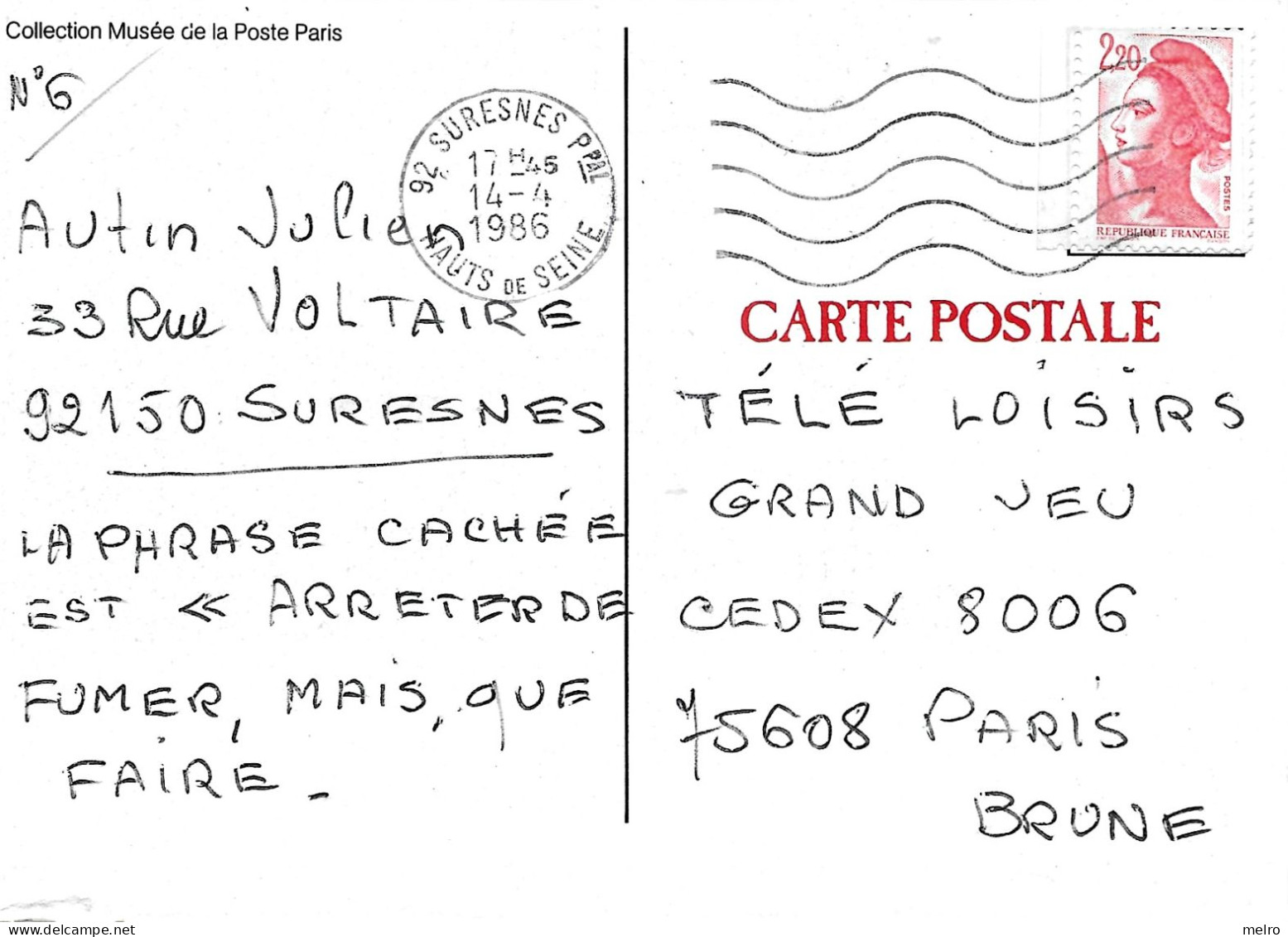 CPM - Collection Musée De La Poste Paris  (Circulée En 14-4-1986) - Post