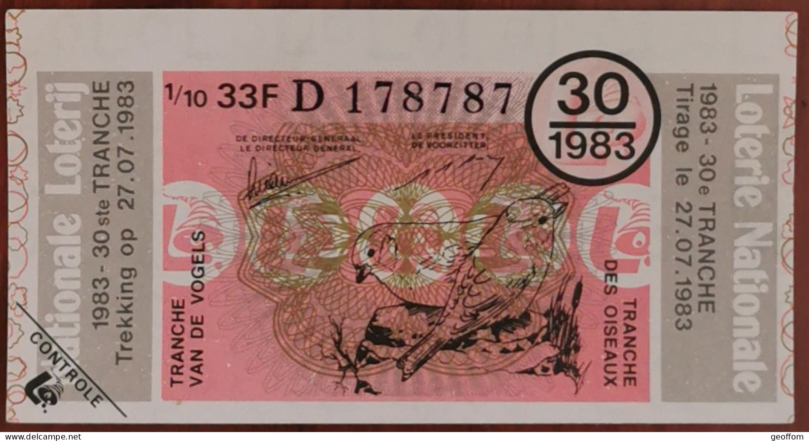 Billet De Loterie Nationale 1983 30e Tr - Tranche Des Oiseaux - 27-7-1983 - Billetes De Lotería