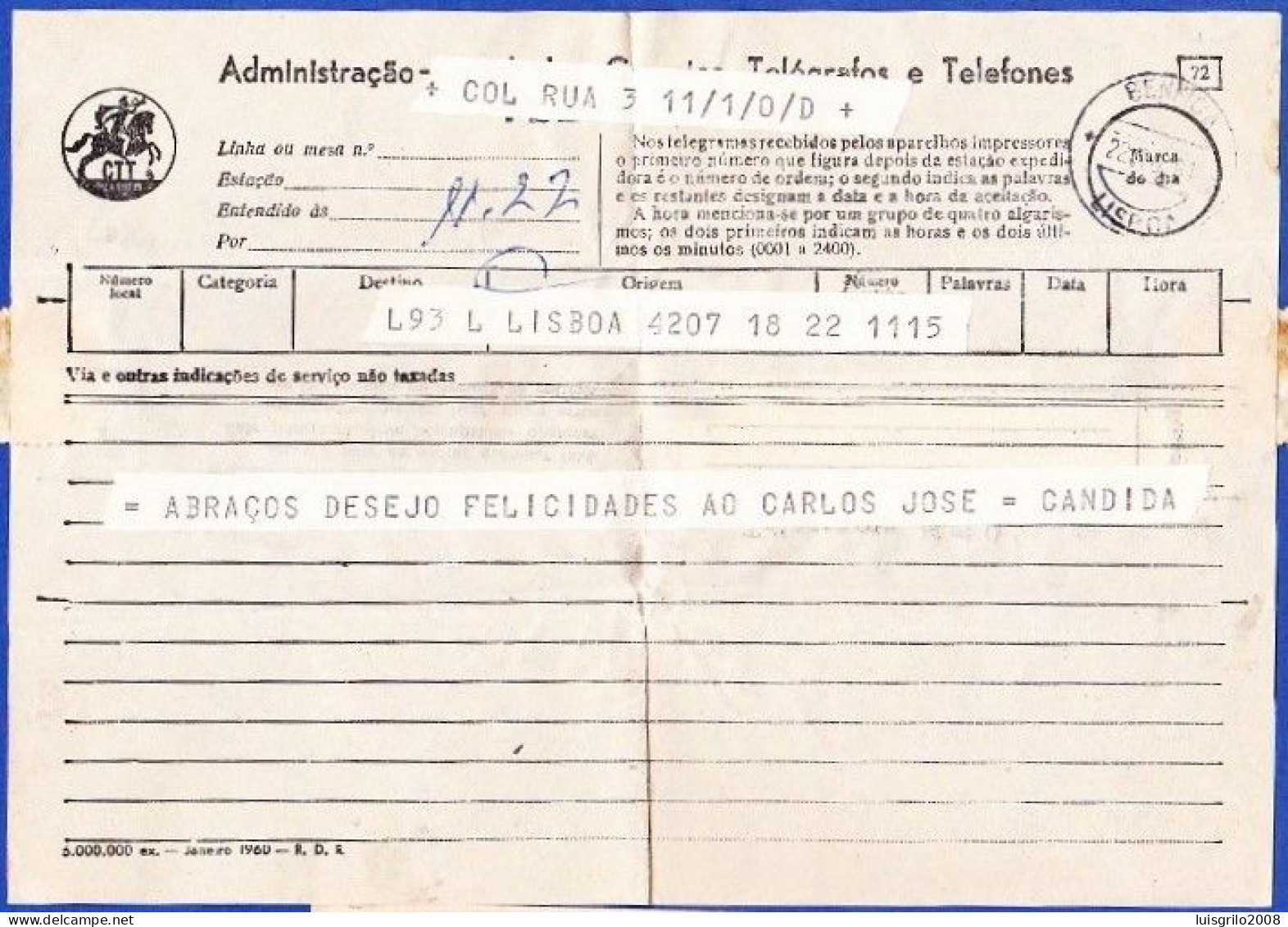 Telegram/ Telegrama - Lisboa > Pontinha -|- Postmark - Benfica. Lisboa. 1961 - Covers & Documents