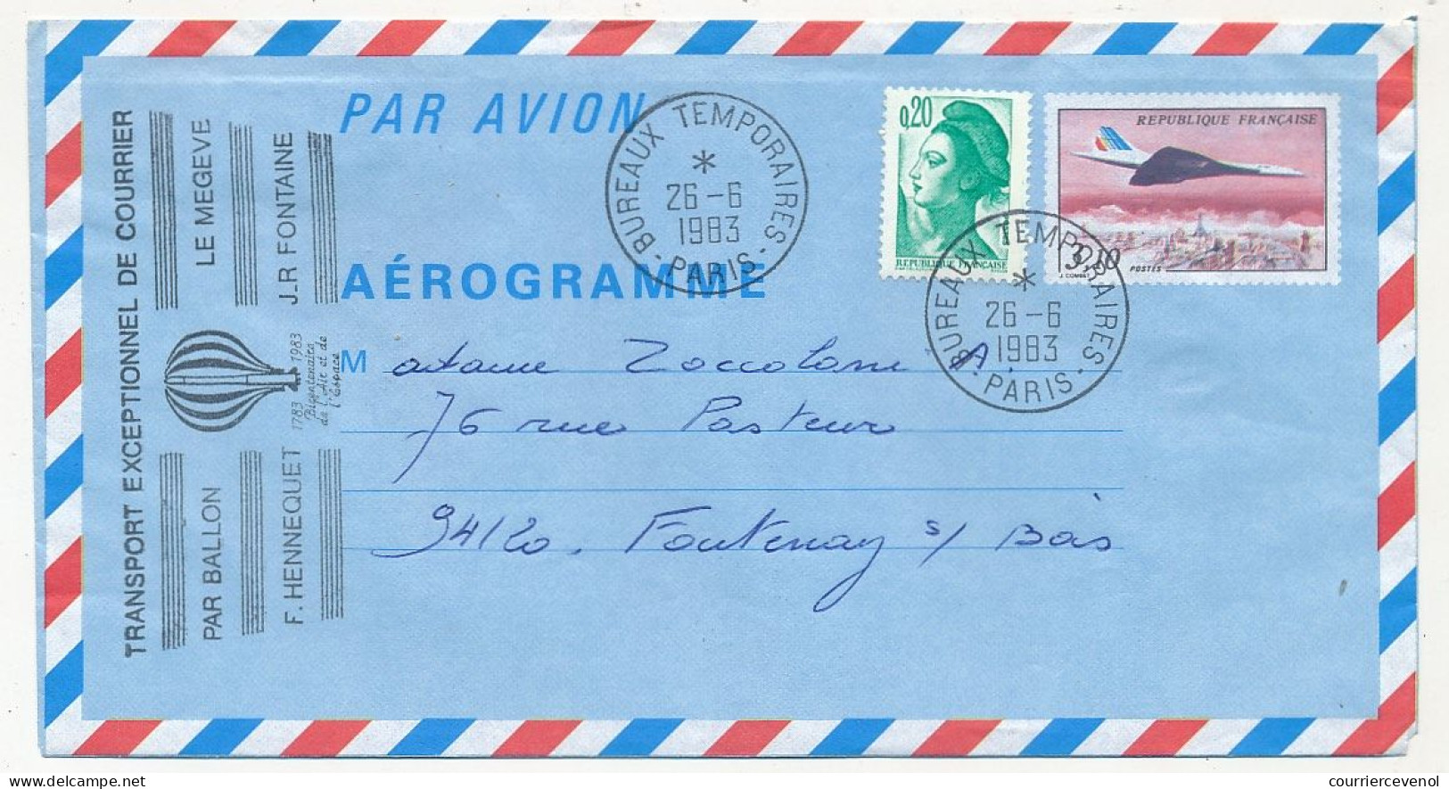FRANCE - Aérogramme 3,10 Concorde + 0,20 - Transport Exceptionnel Par Ballon Le Mégève - 1983 - Aerogramas