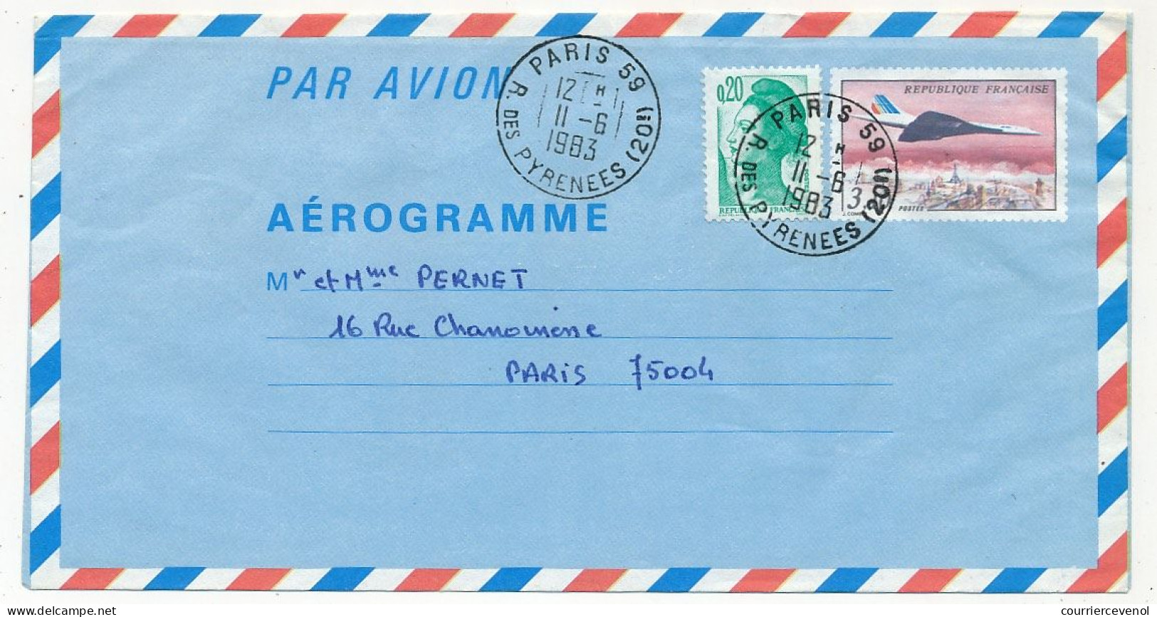 FRANCE - Aérogramme 3,10 Concorde + 0,20 Oblitéré Paris 59 Rue Des Pyrénées - 11/6/1983 - Aerogramme