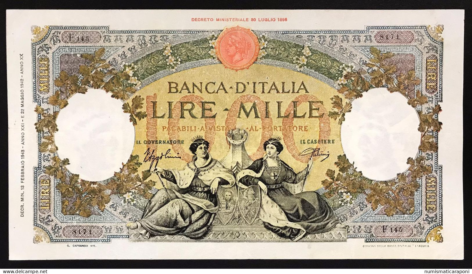 1000 LIRE Regine Del Mare Fascio L'aquila 13 02 1943 R Raro Bel Bb+ Pressato Scritta Al Retro LOTTO 3741 - 1.000 Lire