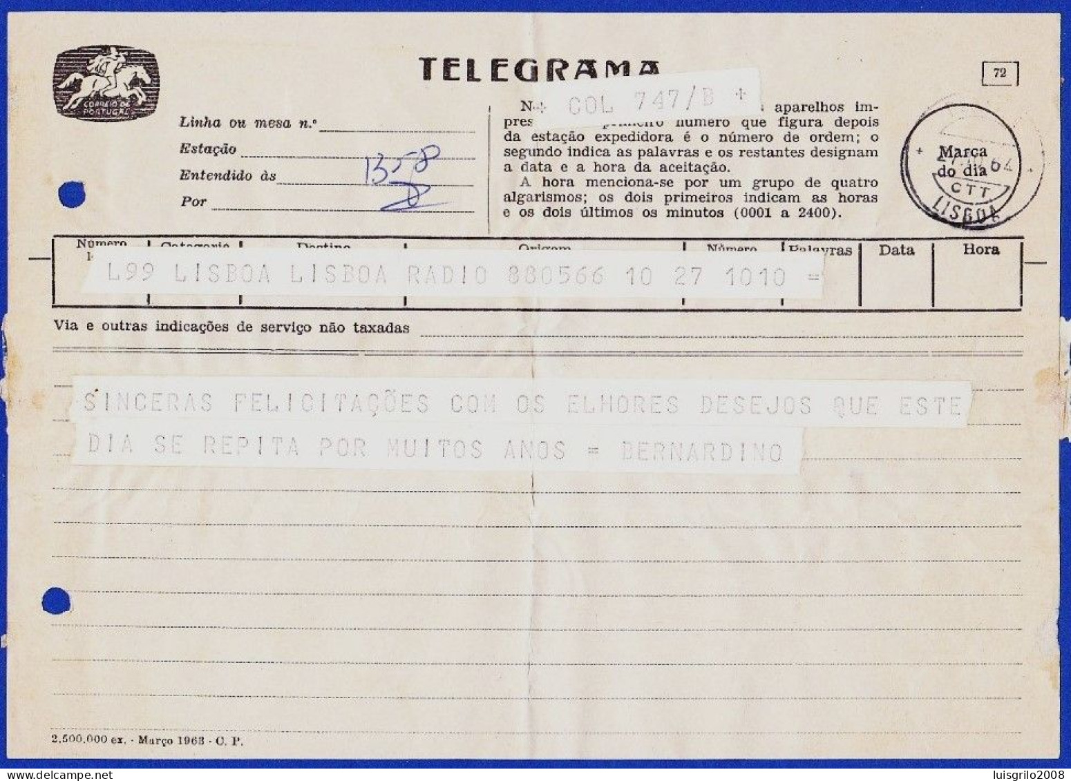 Telegram/ Telegrama - Lisboa > Lisboa -|- Postmark - Benfica. Lisboa. 1964 - Briefe U. Dokumente