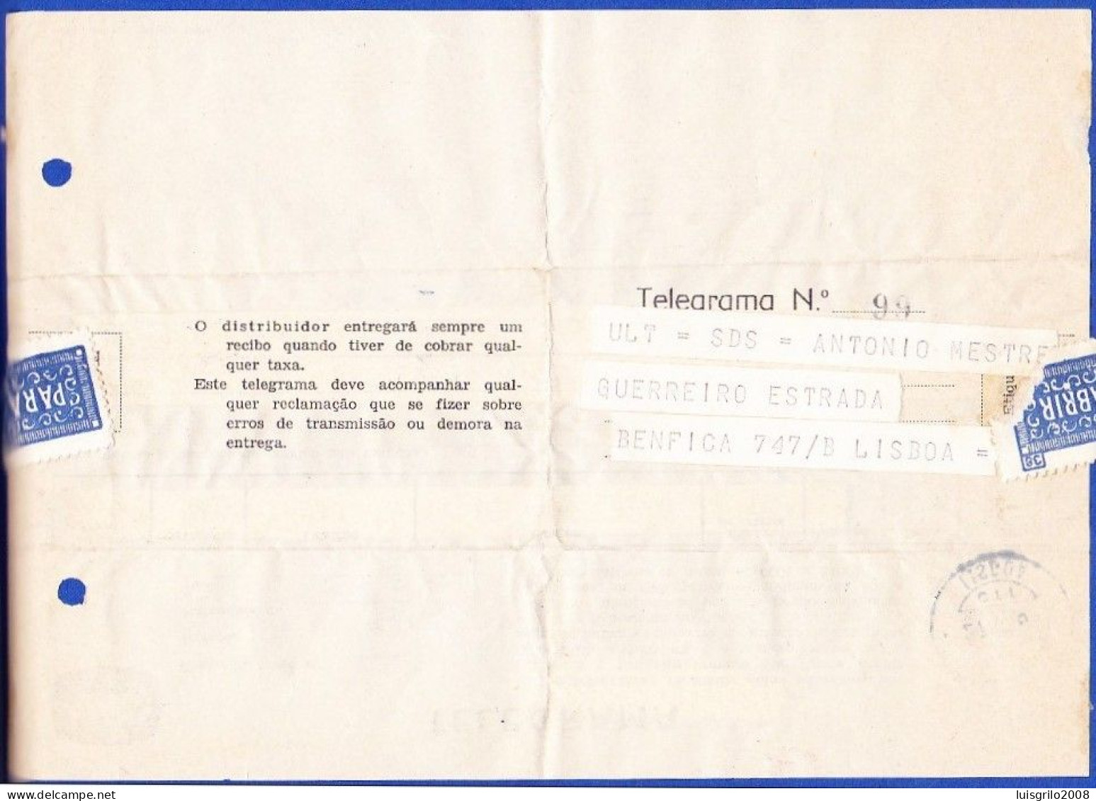 Telegram/ Telegrama - Lisboa > Lisboa -|- Postmark - Benfica. Lisboa. 1964 - Lettres & Documents