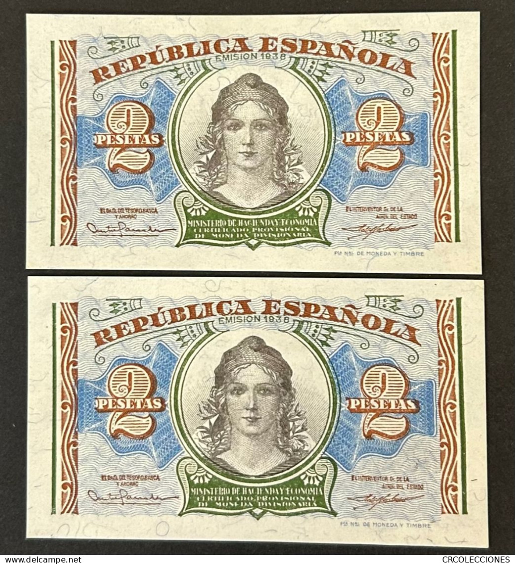 CRBS0910 PAREJA CORRELATIVA BILLETES ESPAÑA 2 PESETAS EMISION 1936 SIN CIRCULAR - 1-2 Pesetas