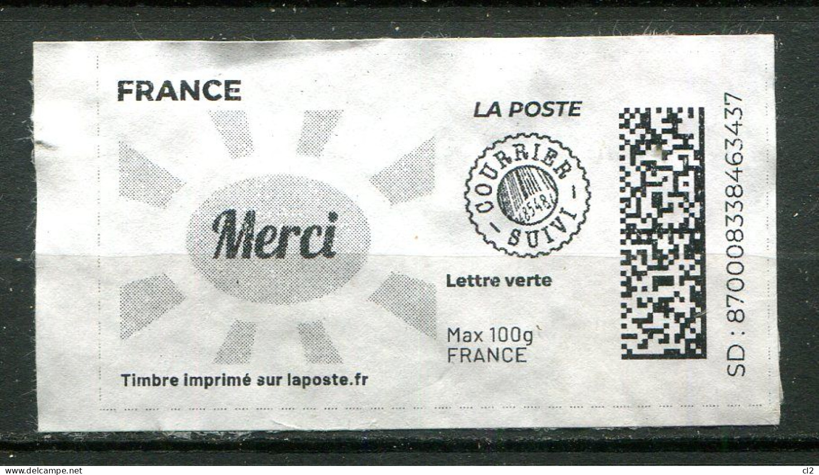 FRANCE - Timbre Imprimé Sur Laposte.fr - Lettre Verte - Courrier Suivi - Max 100g - MERCI - Printable Stamps (Montimbrenligne)