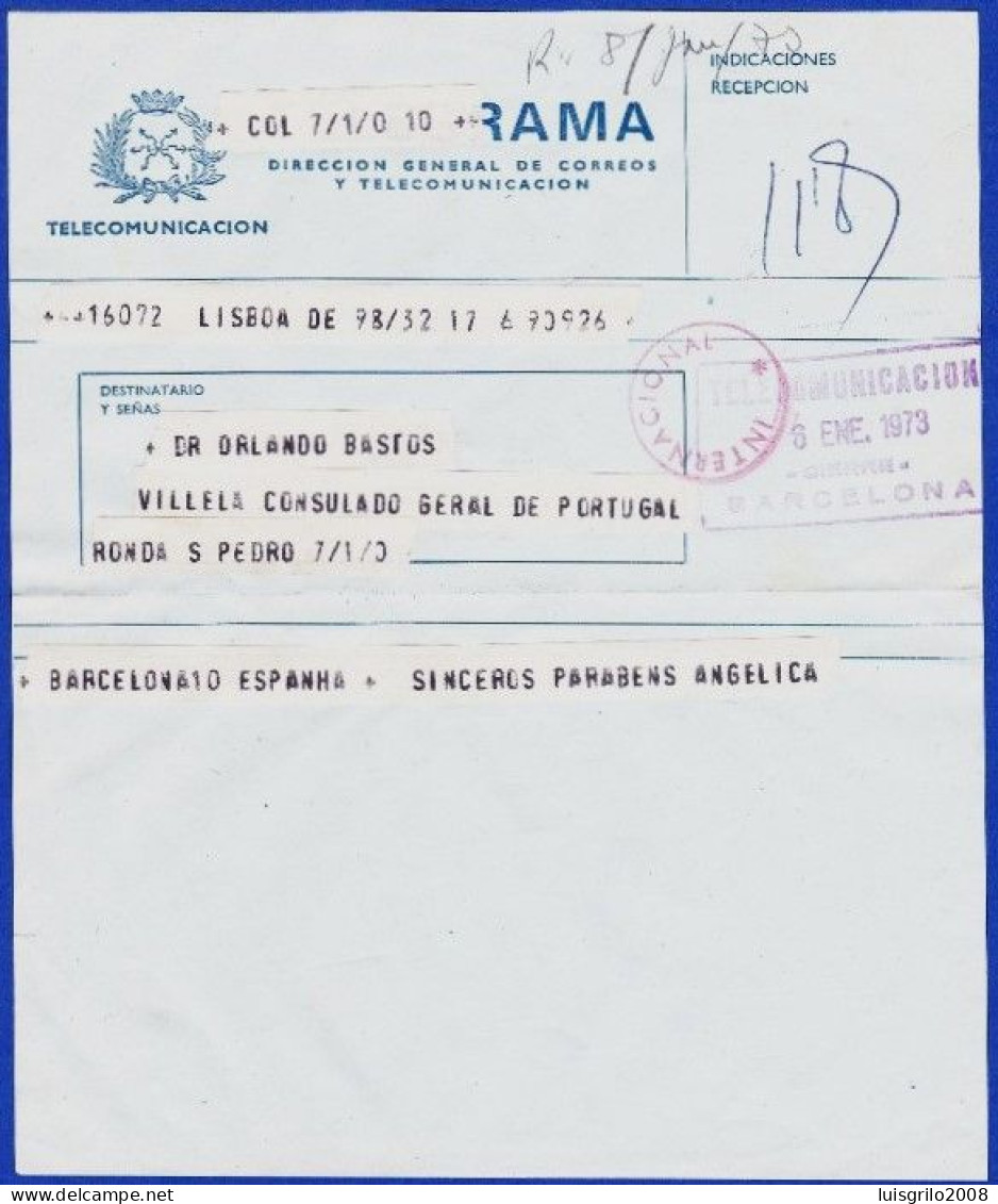 Telegrama Internacional - Lisboa > Consulado General De Portugal En Barcelona -|- Postmark - Barccelona. 1973 - Telegrafi