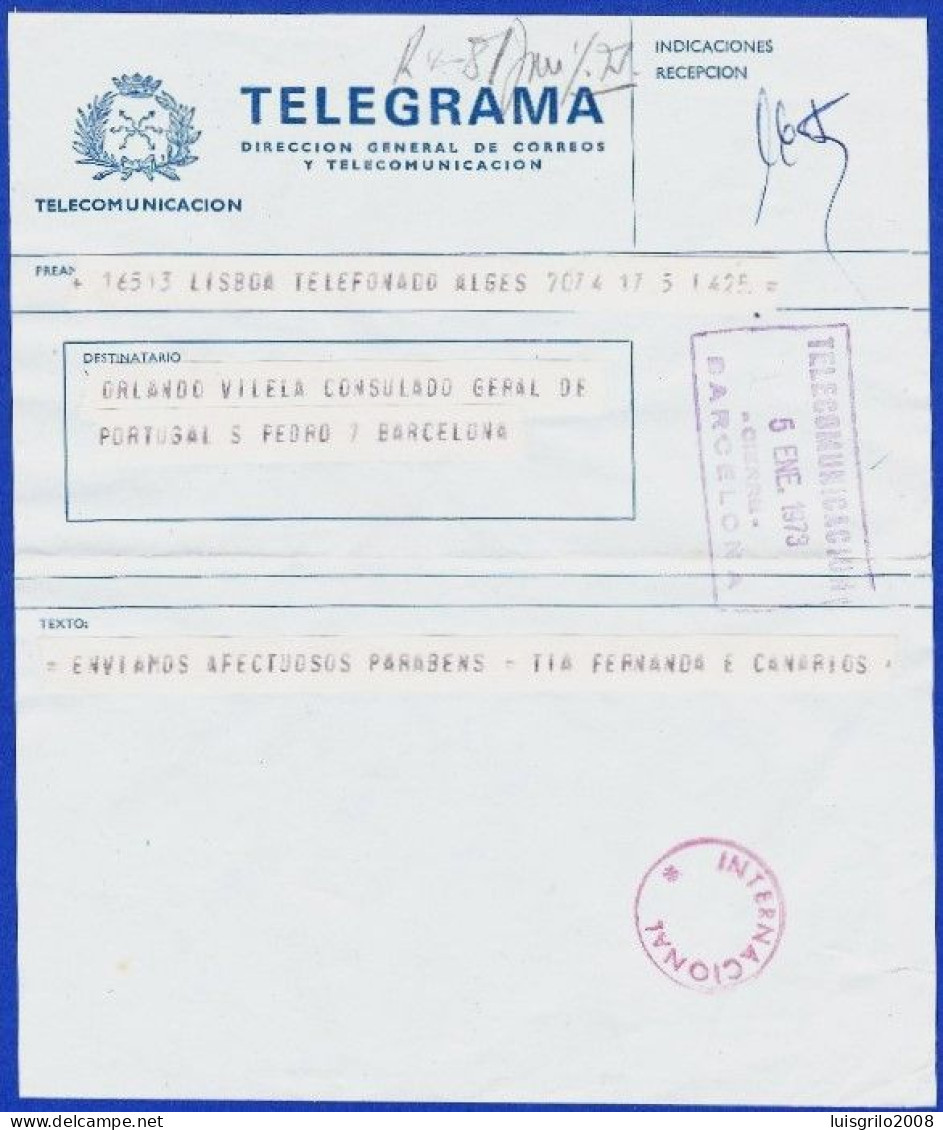 Telegrama Internacional - Lisboa > Consulado General De Portugal En Barcelona -|- Postmark - Barccelona. 1973 - Telegramas