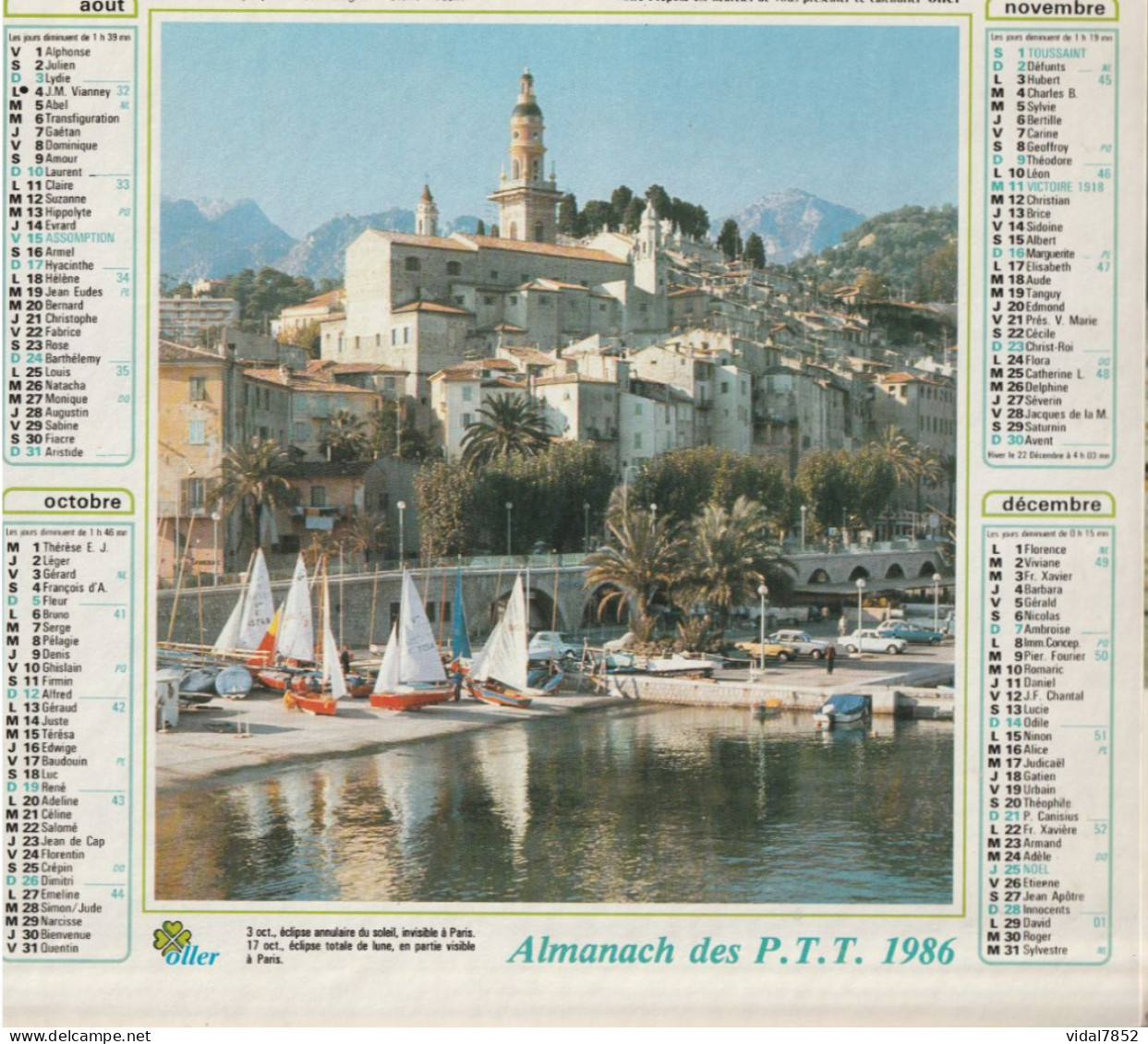 Calendrier-Almanach Des P.T.T 1986 Falalise D'Etretat (76) Menton (06)-OLLER Département AIN-01-Référence 441 - Tamaño Grande : 1981-90