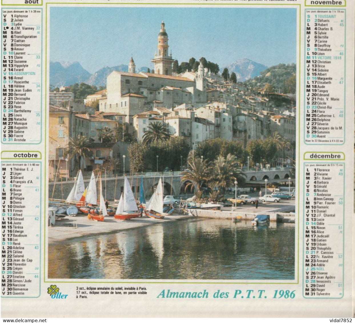Calendrier-Almanach Des P.T.T 1986 Falalise D'Etretat (76) Menton (06)-OLLER Département AIN-01-Référence 441 - Formato Grande : 1981-90