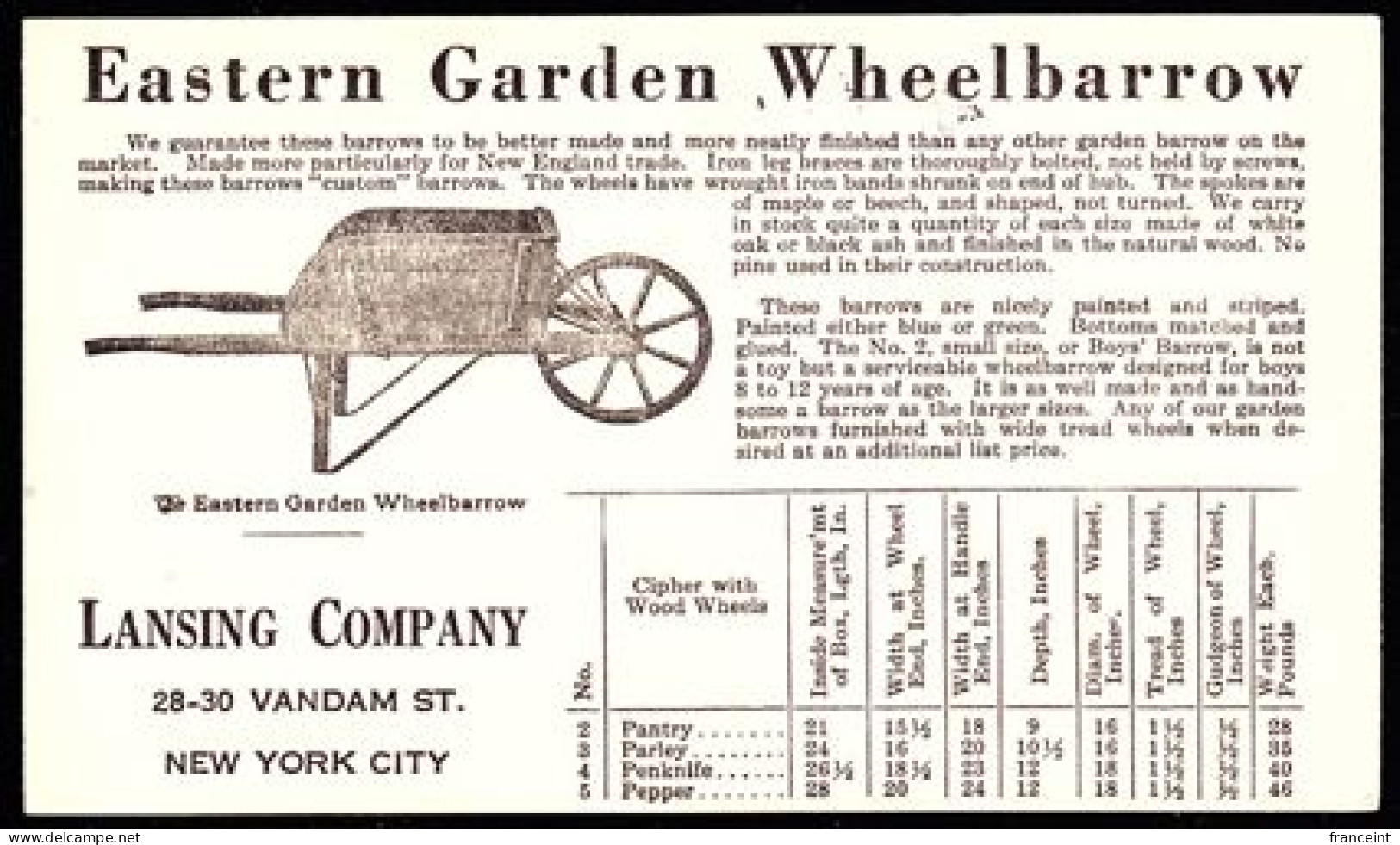 U.S.A.(1925) Wheelbarrow. Illustrated 1 Cent Postal Card . "Lansing Company, New York City." - 1921-40