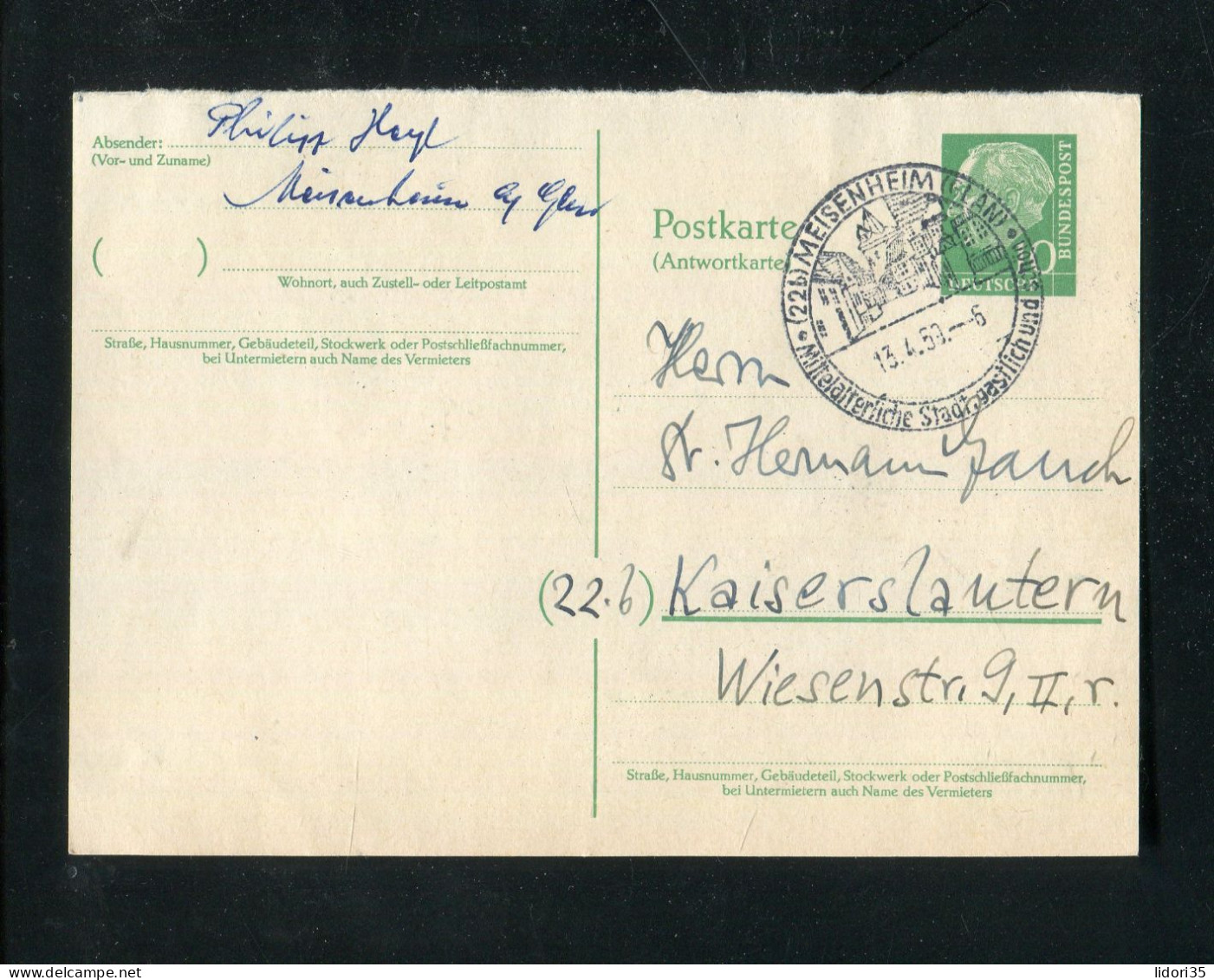 "BUNDESREPUBLIK DEUTSCHLAND" 1959, Postkarte Mi. P 33A (Antwortkarte) SSt. "MEISENHEIM" (4187) - Cartoline - Usati