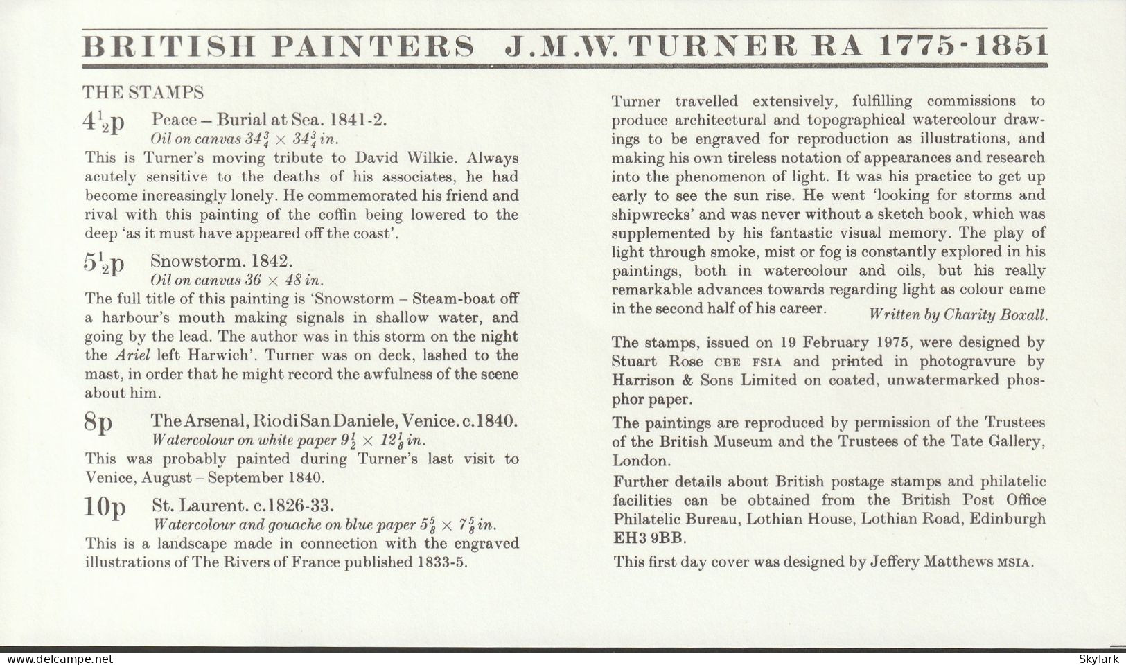 Great Britain   .   1975   .  "British Painters - Turner" #2   .   First Day Cover - 4 Stamps - 1971-1980 Em. Décimales