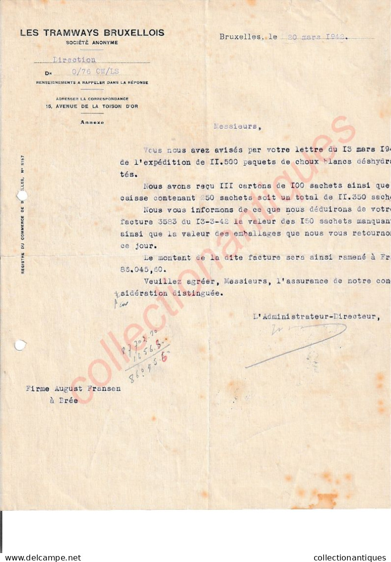 Courrier Des Tramways Bruxellois à Destination De La Firme August Fransen De Brée - 20/03/1942 - Achat De Choux Blancs - Transport