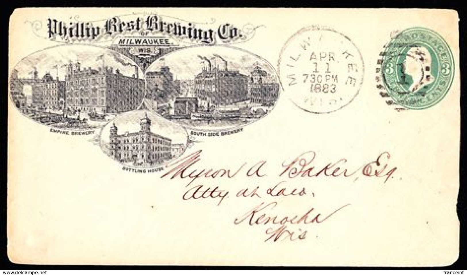 U.S.A.(1883) Breweries. Bottling House. Sternwheel Ship. Horse Carriages. Illustrated 3 Cents Postal Stationery . "Phill - ...-1900