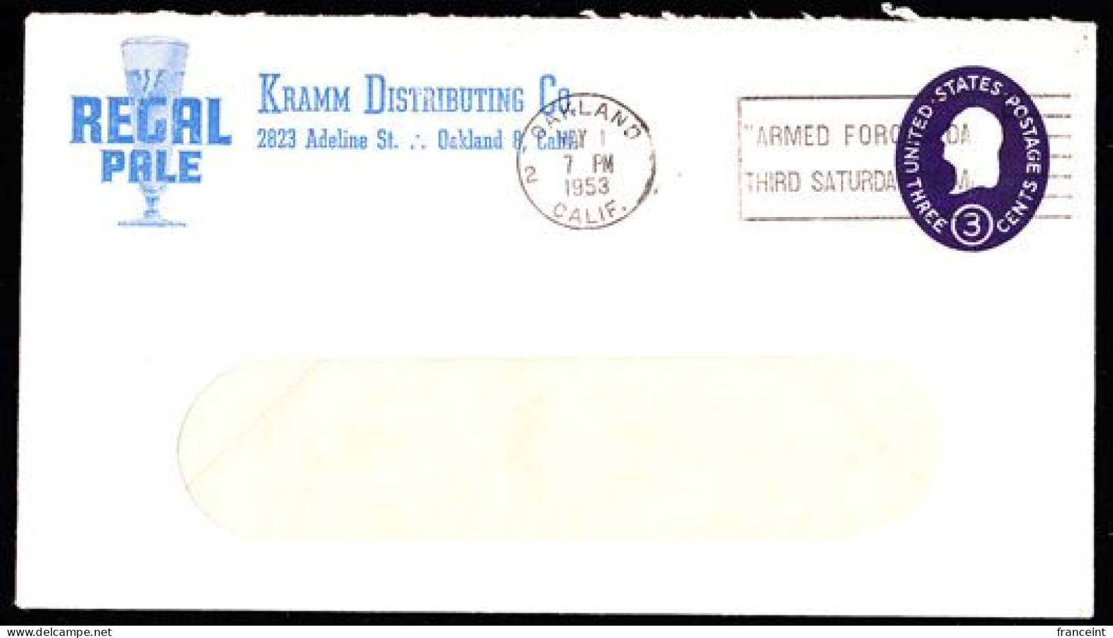 USA(1953) Glass Of Pale Beer. 3 Cent Postal Stationery With Advertising: "Regal Pale, Kramm Distributing Company. - 1941-60