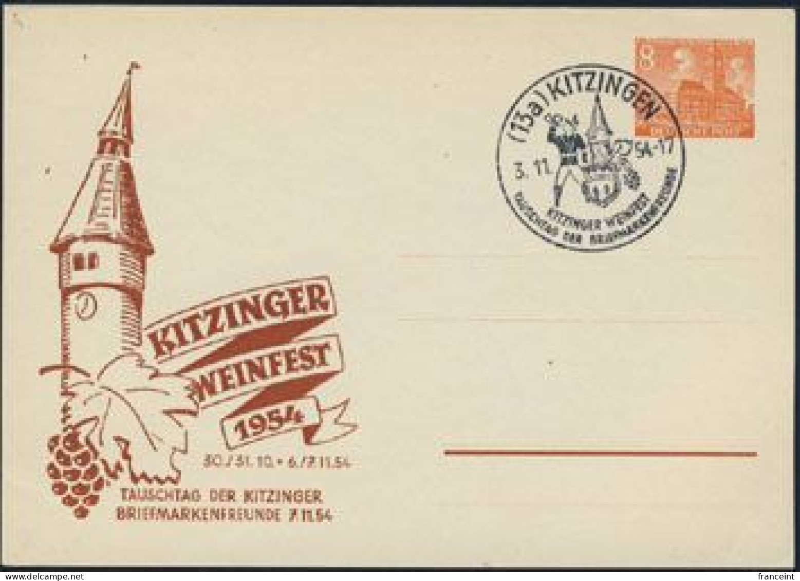 GERMANY(1954) Grapes. Tower. Man Blowing Horn. Illustrated Postal Card With Kitzinger Weinfest Special Cancel. - Cartes Postales Illustrées - Oblitérées