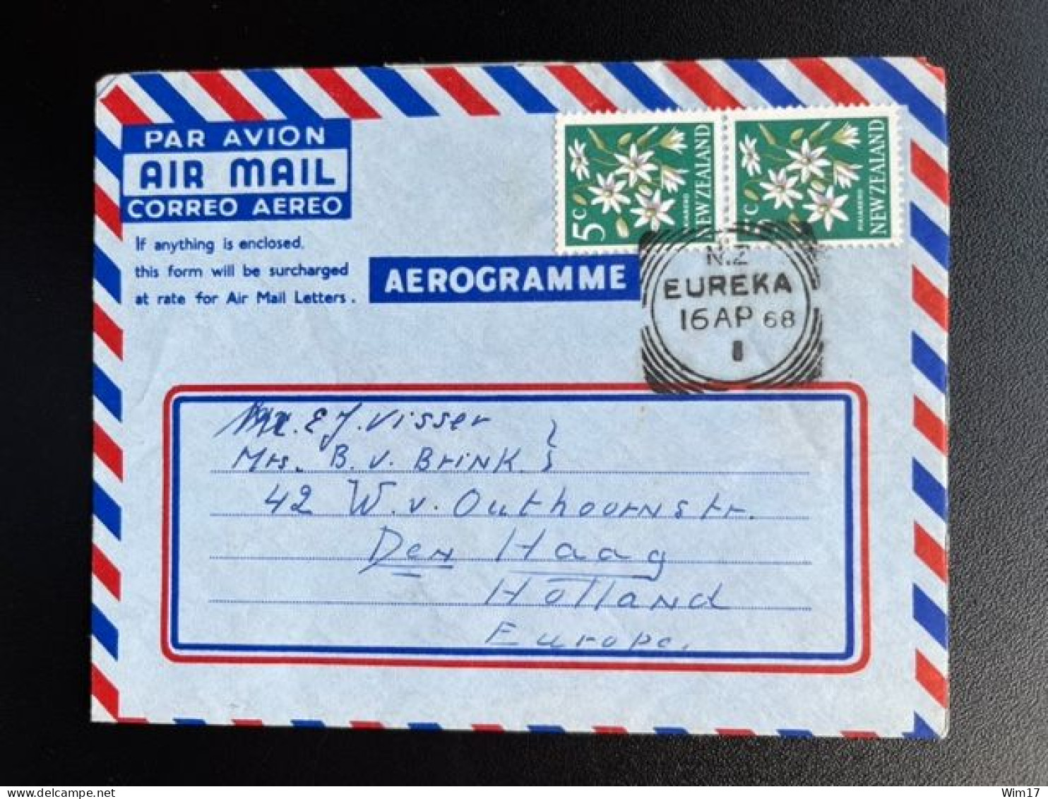 NEW ZEALAND 1968 AEROGRAMME EUREKA TO 'S GRAVENHAGE 16-04-1968 NIEUW ZEELAND - Cartas & Documentos