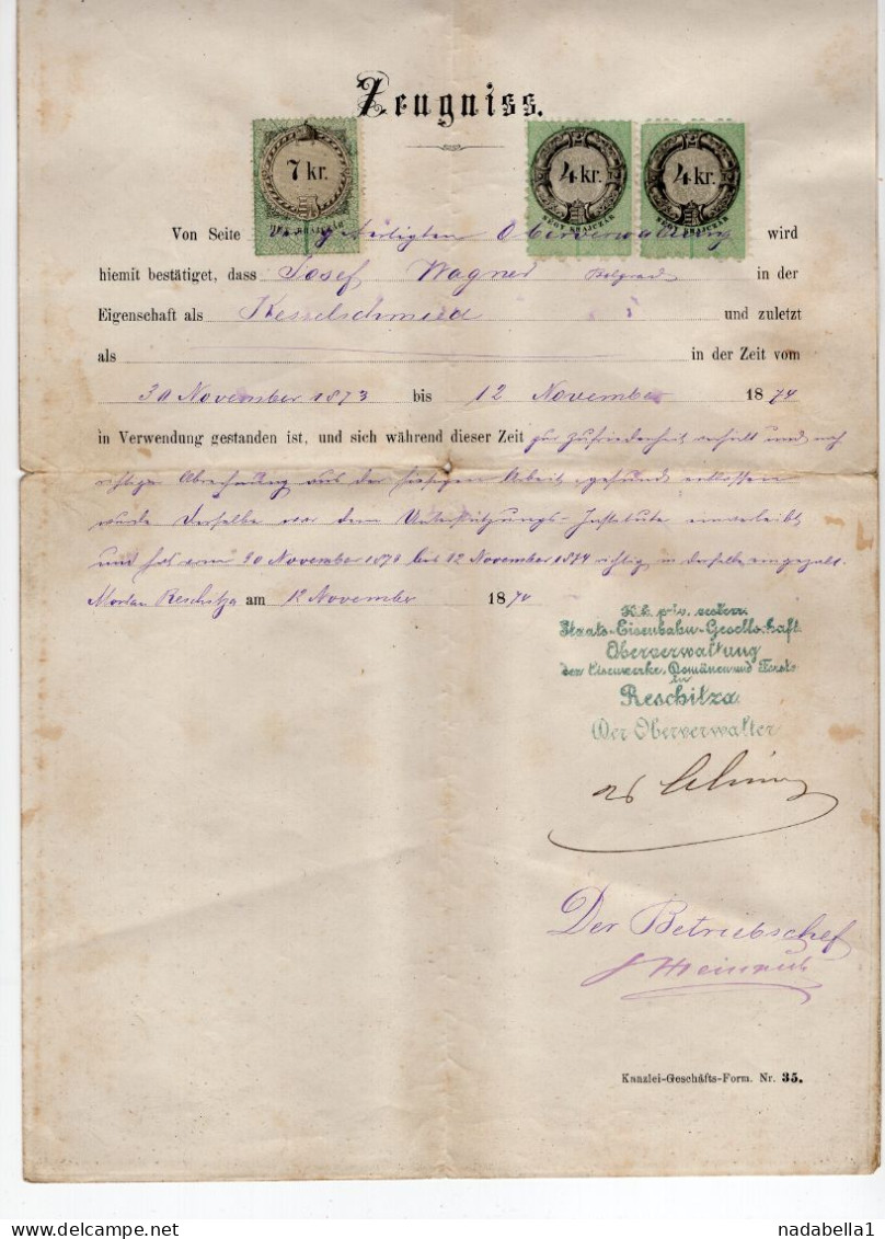 1874. AUSTRIA,STATE RAILWAYS PERMISSION FOR ENGINEER JOSEF WAGNER,BELGRADE,7 KR + 2 X 4 KR. REVENUE STAMPS - Revenue Stamps