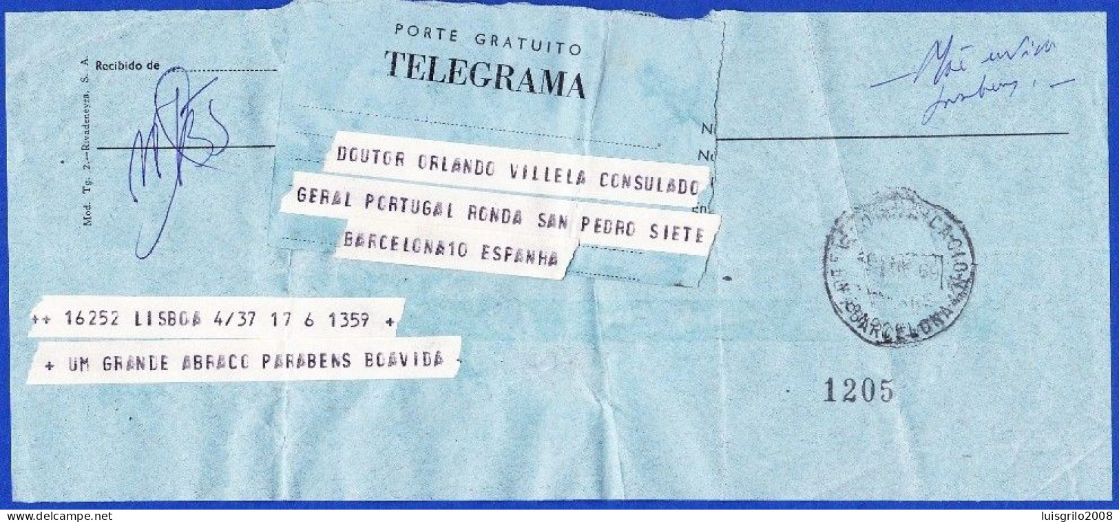 Telegrama Internacional - Lisboa > Consulado General De Portugal En Barcelona -|- Postmark - Barccelona. 1969 - Télégraphe