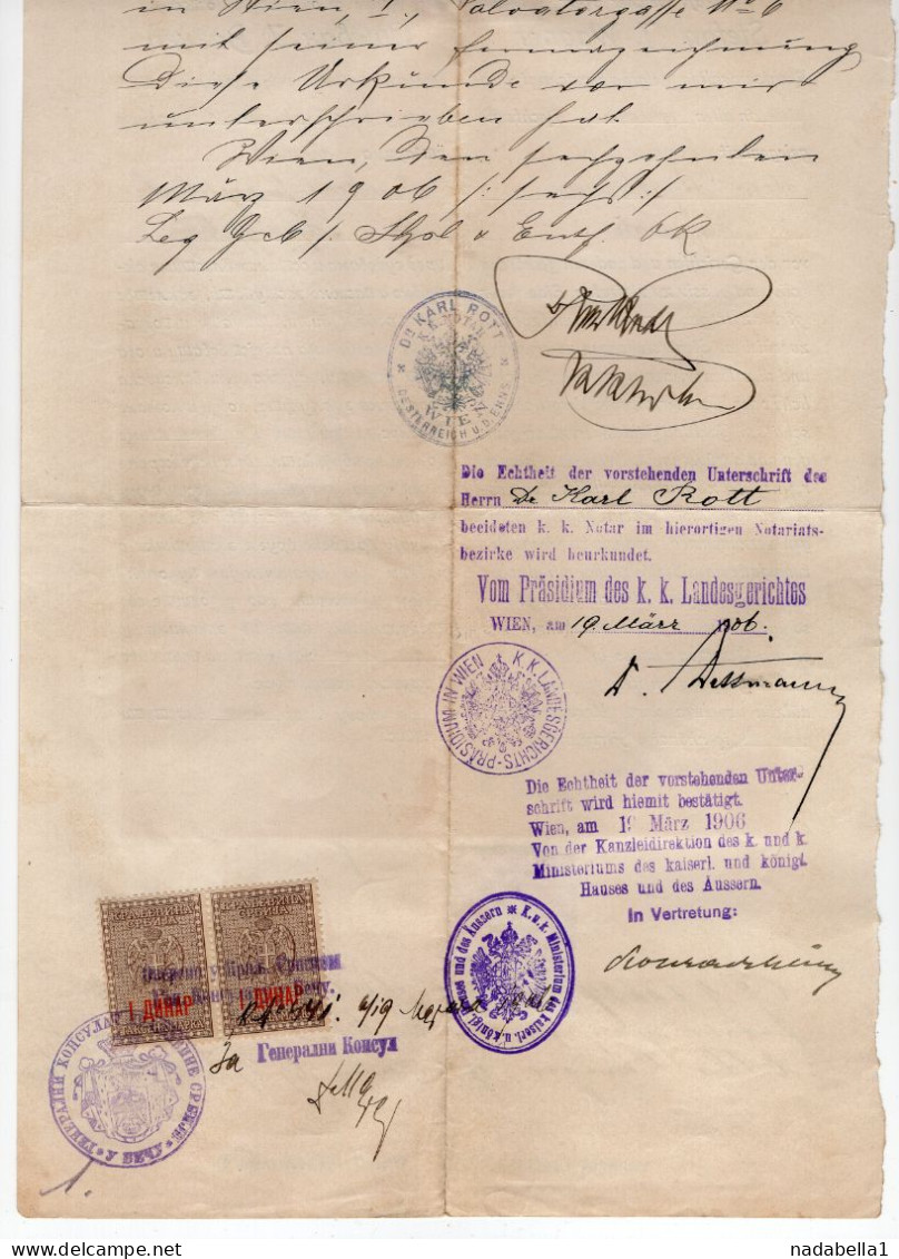 1906. AUSTRIA,POWER OF ATTORNEY,2 X 1 KRONE REVENUE STAMPS,AT THE BACK 2 X 1 DIN. REVENUE AT SERBIAN CONSULATE VIENNA - Fiscale Zegels