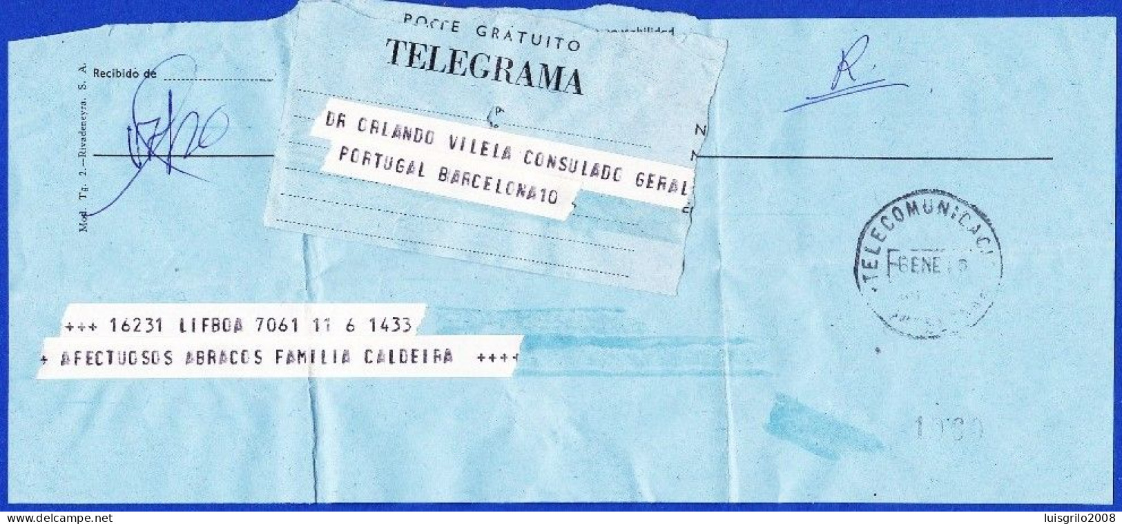 Telegrama Internacional - Lisboa > Consulado General De Portugal En Barcelona -|- Postmark - Barccelona. 1969 - Telegramas