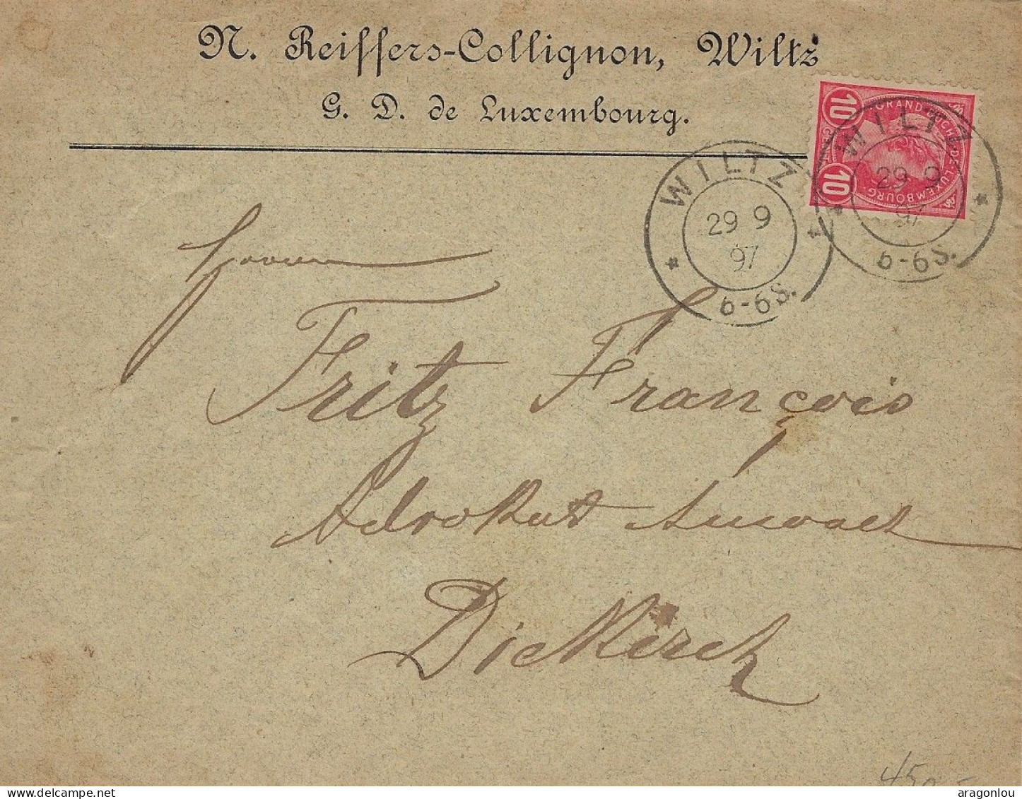 Luxembourg - Luxemburg - Lettre   1897   Adolphe    N. Reiffers - Collignon , Wiltz - 1891 Adolphe Frontansicht