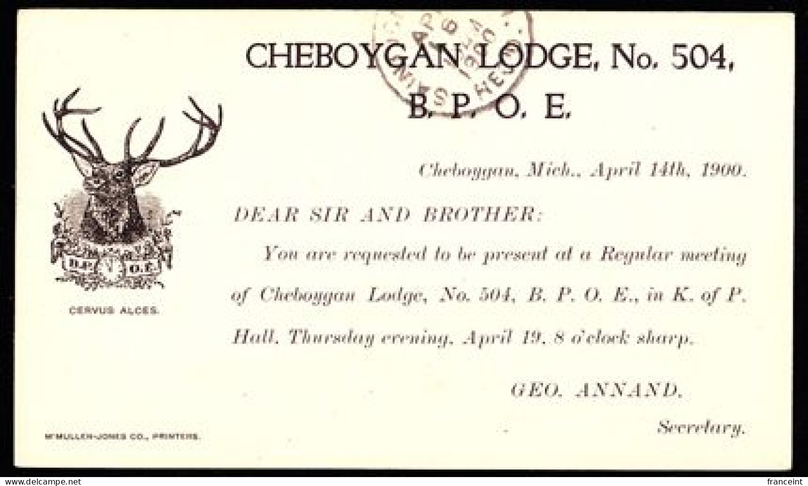 ETATS UNIS(1900) Cerf. Horloge. Entier Publicitaire à 1 Cent. "B.P.O.E., Cheyboygan Lodge, No 504." - ...-1900