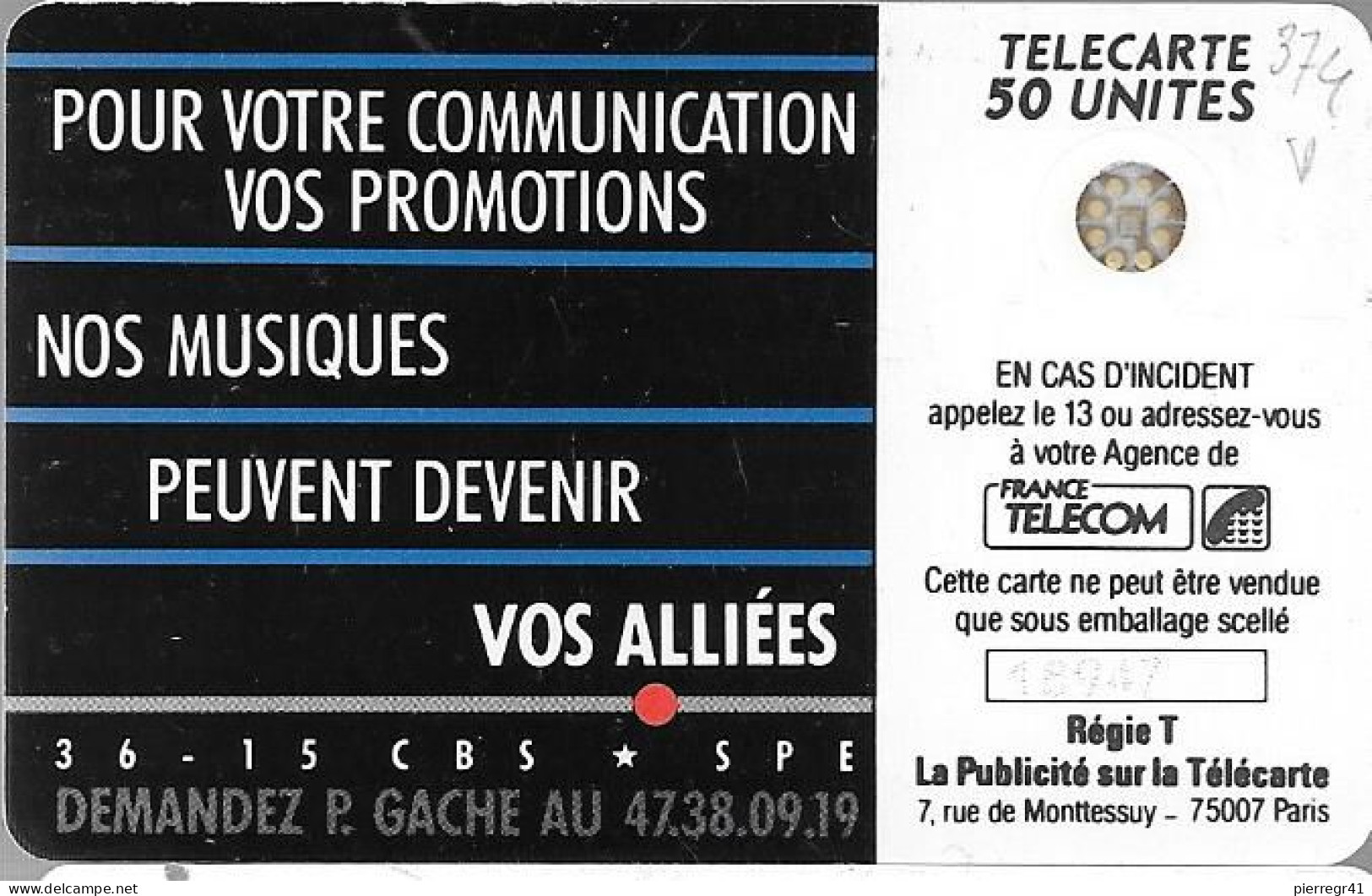 CARTE-PRIVEE-1990-D374-SC5Ob-CBS FRANCE-N°imp 18947-1000ex-Utilisé-TBE/LUXE-RARE - Telefoonkaarten Voor Particulieren