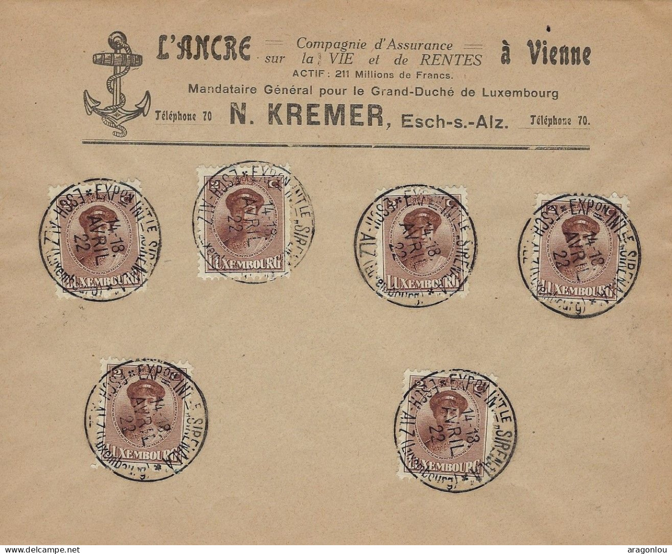 Luxembourg - Luxemburg - Lettre   1922   Charlotte  L'ANCRE Á VIENNE - 1921-27 Charlotte Frontansicht