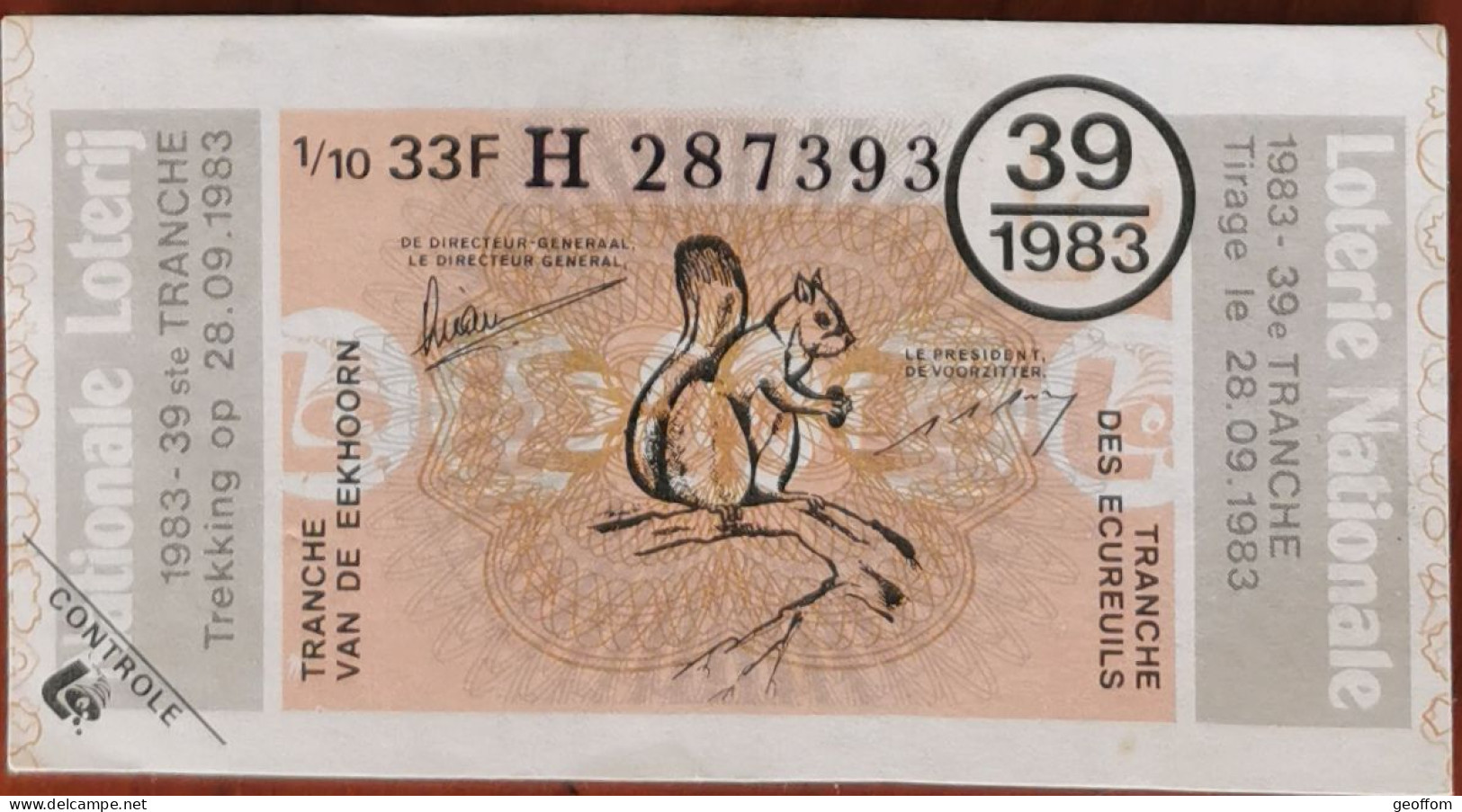 Billet De Loterie Nationale 1983 39e Tranche Des Ecureuils - 28-9-1983 - Billetes De Lotería