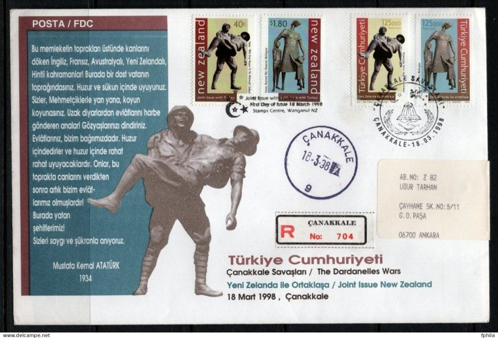 1998 TURKEY WARS OF DARDANELLES JOINT ISSUE WITH NEW ZEALAND FDC - FDC