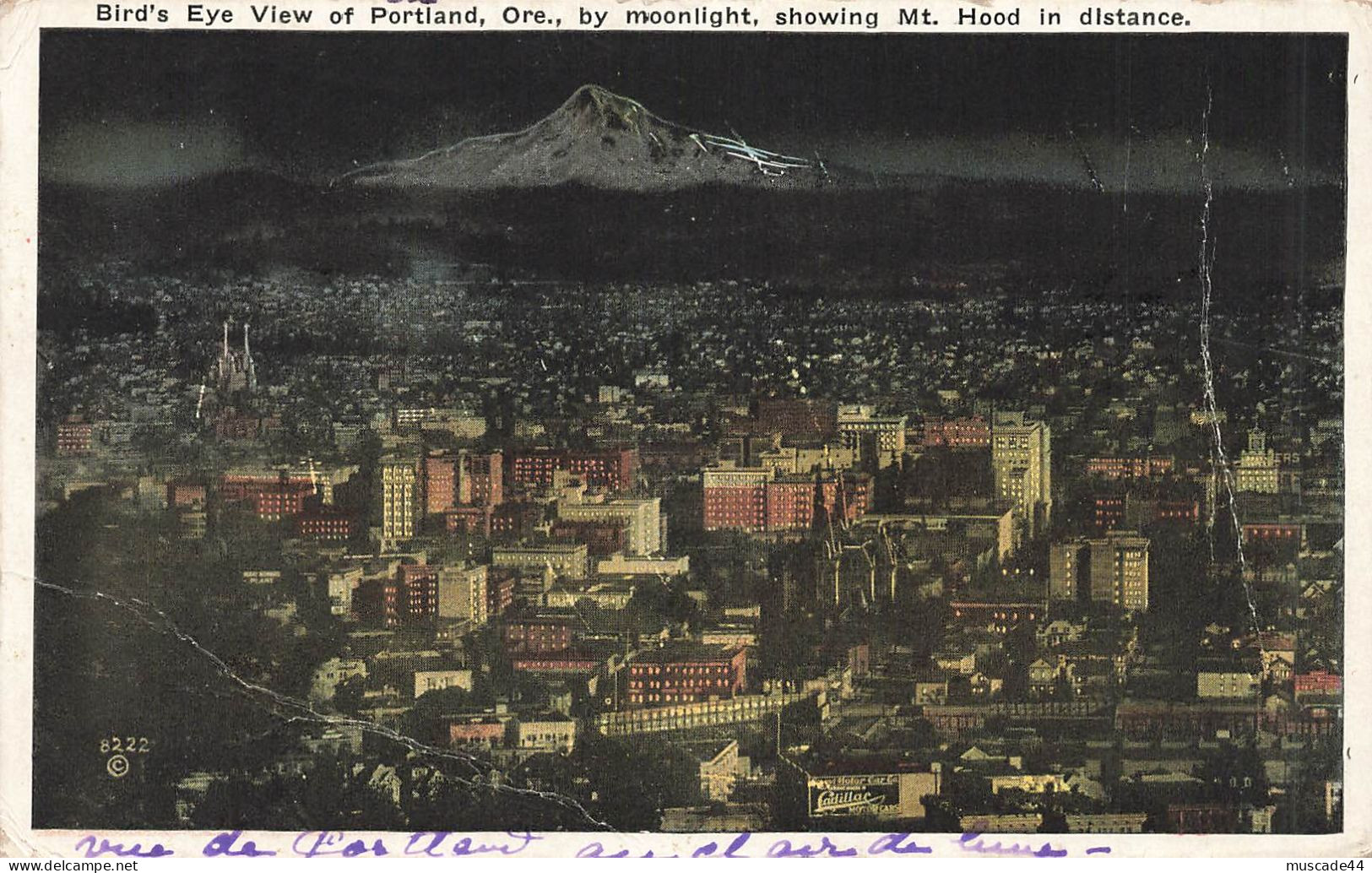 BIRD'S EYS VIEW OF PORTLAND BY MOONLIGHT SHOWING MT HOOD IN DISTANCE - Portland