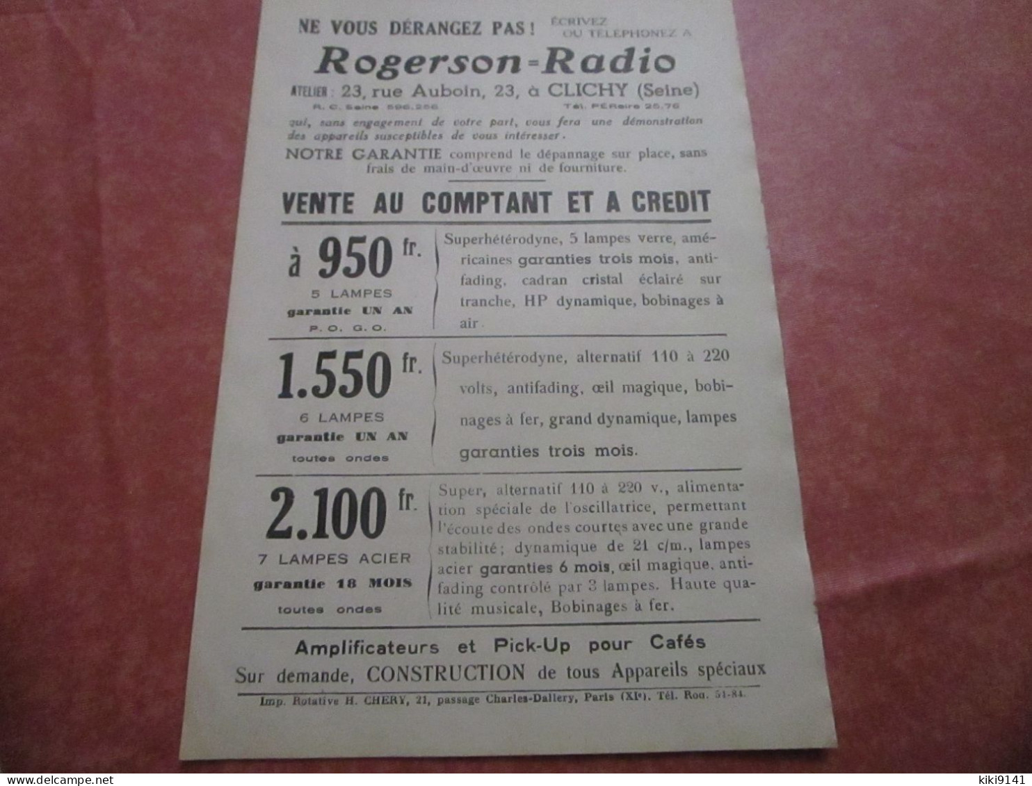 ROGERSON=RADIO - 23, Rue Auboin à CLICHY - Vente Au Comptant Et à Crédit - Andere & Zonder Classificatie